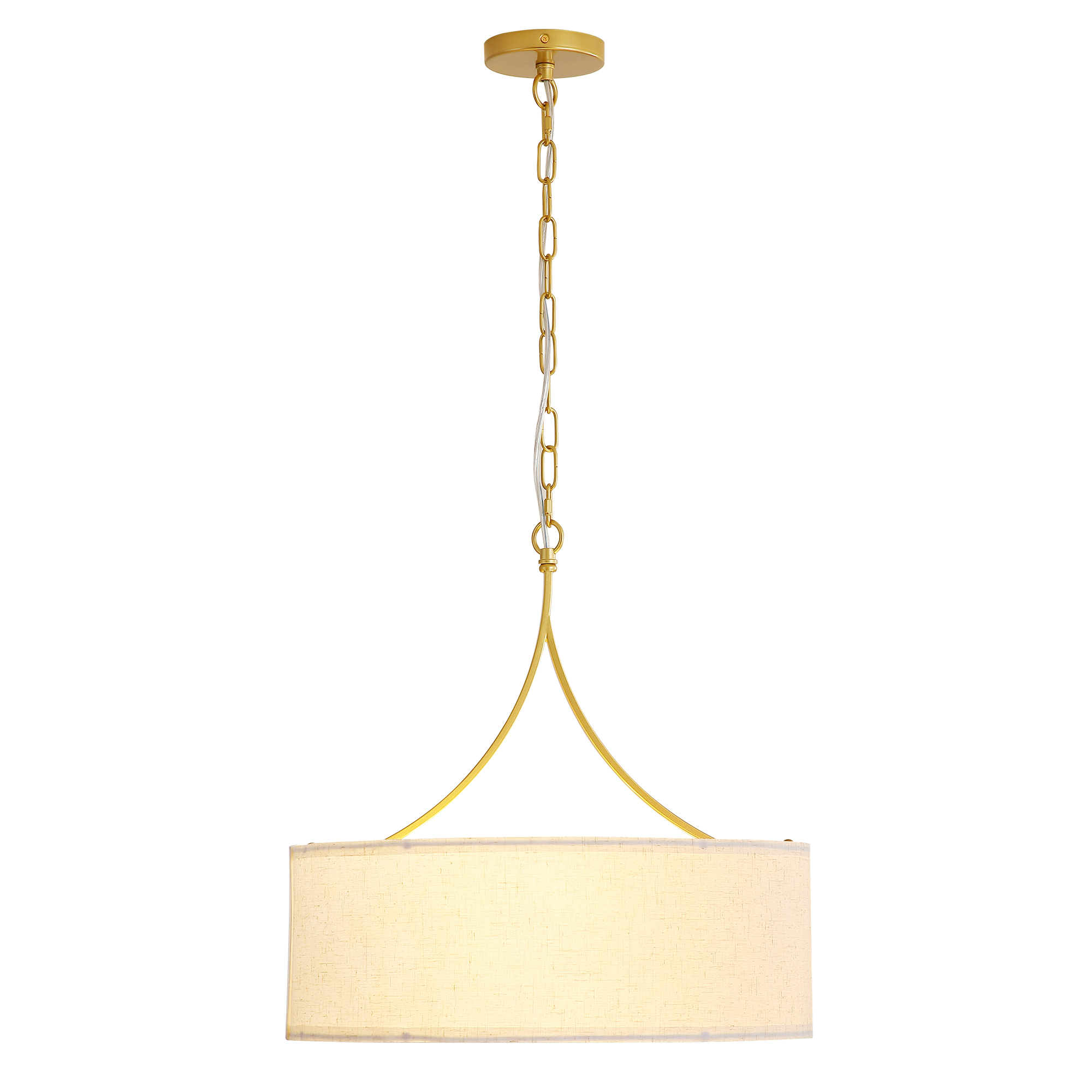 Anmytek 3‑Light Gold Fabric Drum Pendant Light Transitional Farmhouse Chandelier Adjustable Height Ceiling Light Fixture for Dining Room Kitchen Island Living Room Entryway