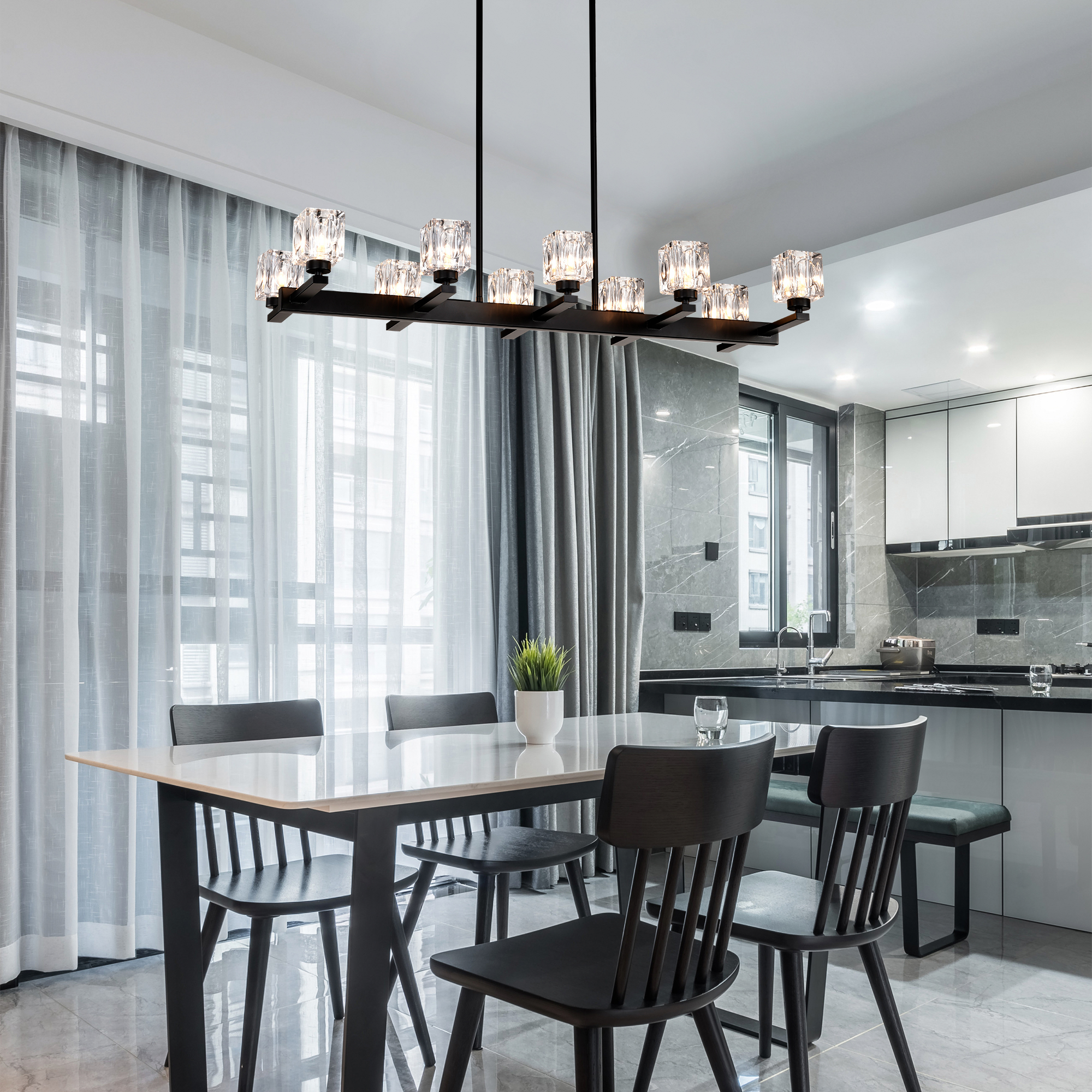 Anmytek 10‑Light Black Farmhouse Linear Pendant Light Modern Crystal Hanging Chandelier with G9 Bulbs for Dining Room Kitchen Island Bar Long Table Max 40W Per Bulb