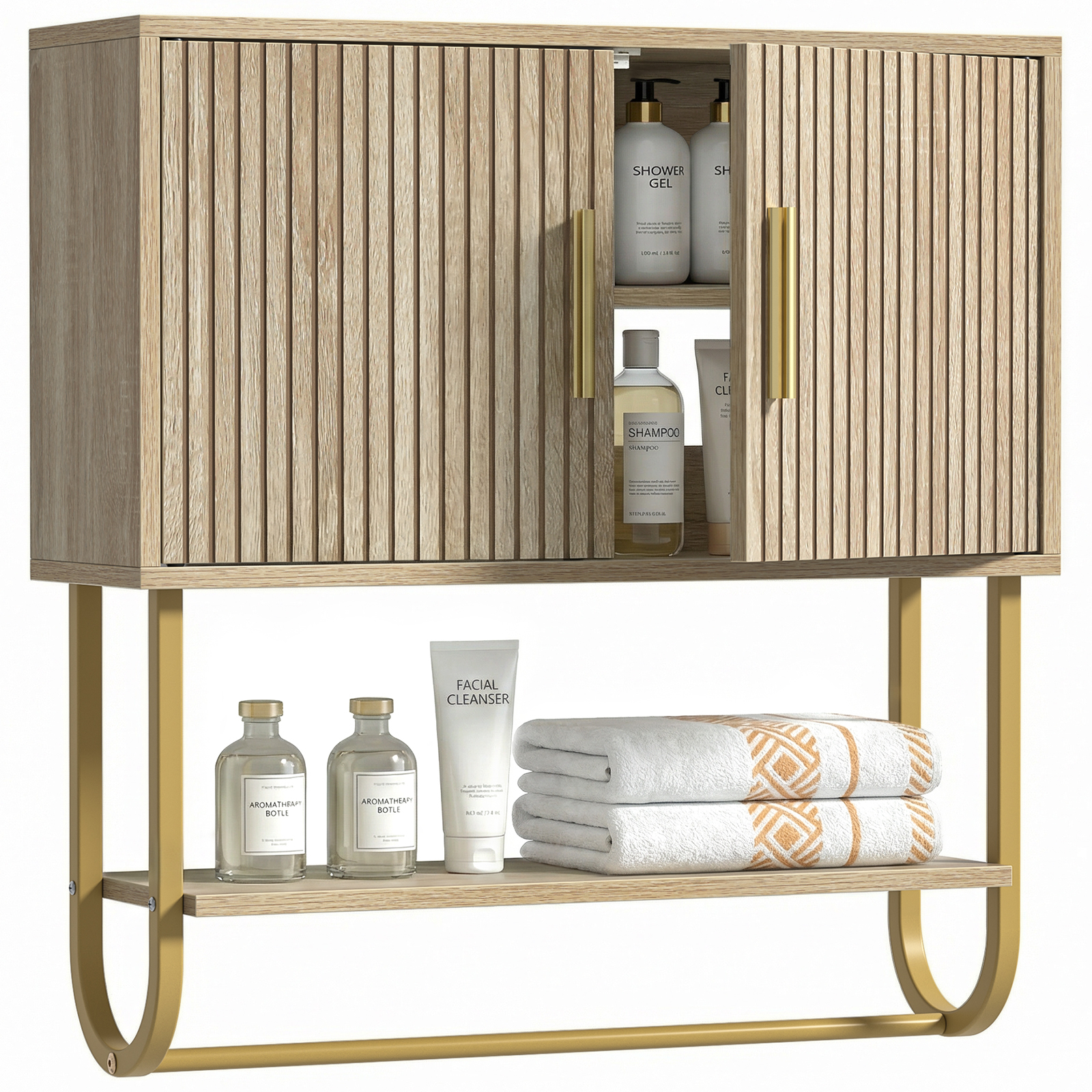 Bathroom Wall Cabinet with Fluted Doors - Over The Toilet Storage 60x18x60 cm, Modern Medicine Cabinet with Shelves & Towel Bar for Bathroom Organizer