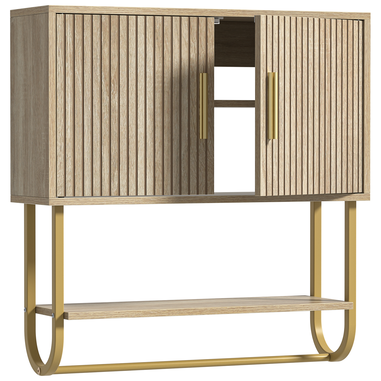 Bathroom Wall Cabinet with Fluted Doors - Over The Toilet Storage 60x18x60 cm, Modern Medicine Cabinet with Shelves & Towel Bar for Bathroom Organizer