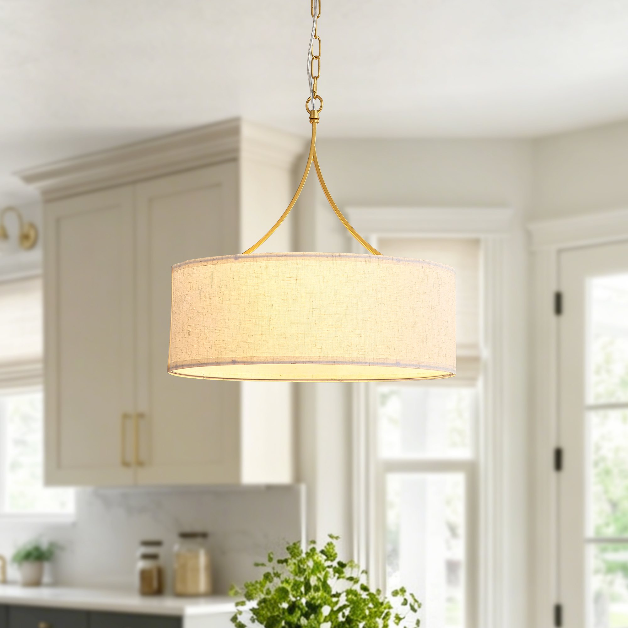 Anmytek 3‑Light Gold Fabric Drum Pendant Light Transitional Farmhouse Chandelier Adjustable Height Ceiling Light Fixture for Dining Room Kitchen Island Living Room Entryway