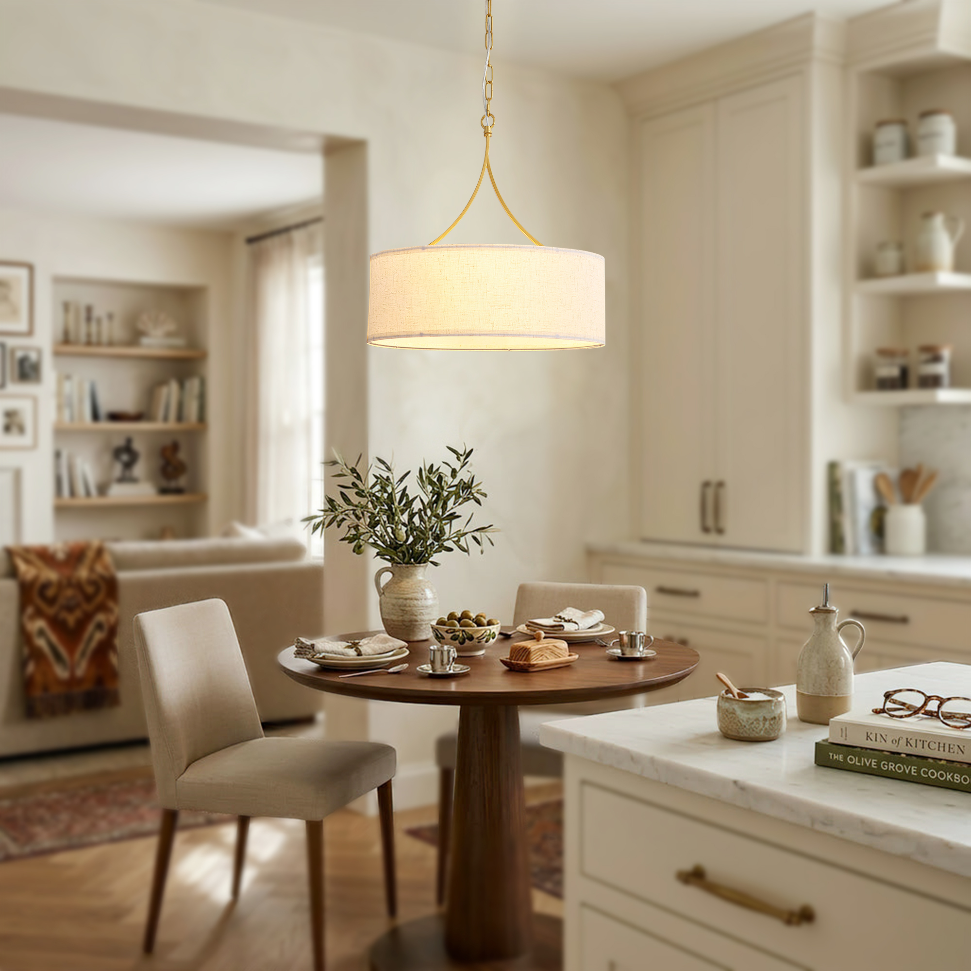 Anmytek 3‑Light Gold Fabric Drum Pendant Light Transitional Farmhouse Chandelier Adjustable Height Ceiling Light Fixture for Dining Room Kitchen Island Living Room Entryway