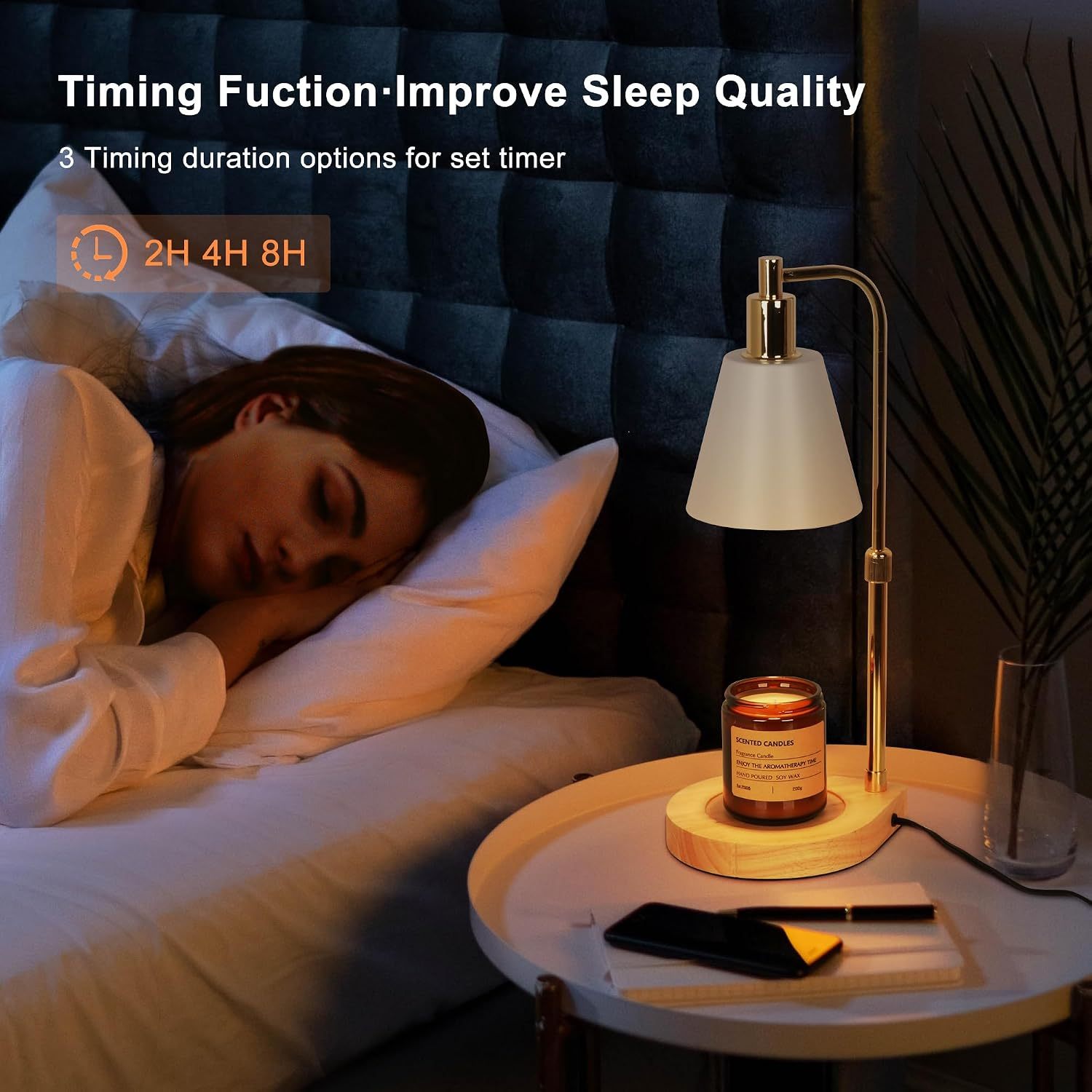 Candle Warmer Lamp, Adjustable Height Candle Warmer Melter with Timer for Scented Jar Candles, Wooden Base Electric Dimmable Candle Wax Warmer Light with 2 Bulbs for Home Decor, White Gold