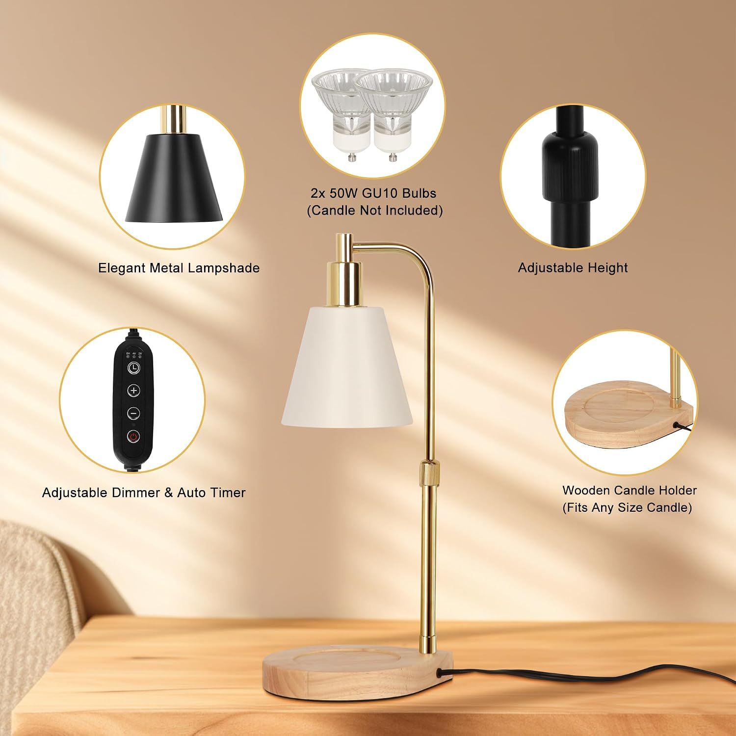 Candle Warmer Lamp, Adjustable Height Candle Warmer Melter with Timer for Scented Jar Candles, Wooden Base Electric Dimmable Candle Wax Warmer Light with 2 Bulbs for Home Decor, White Gold