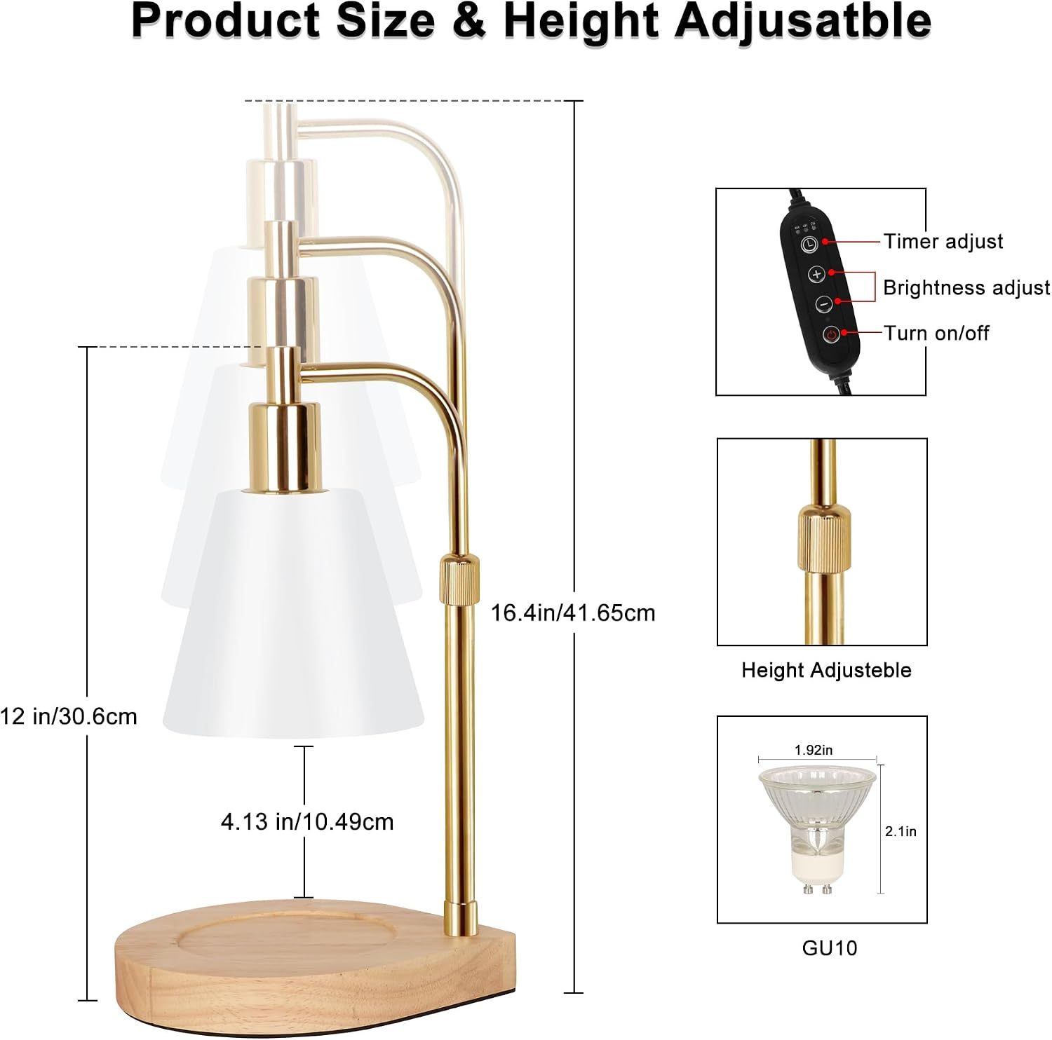 Candle Warmer Lamp, Adjustable Height Candle Warmer Melter with Timer for Scented Jar Candles, Wooden Base Electric Dimmable Candle Wax Warmer Light with 2 Bulbs for Home Decor, White Gold