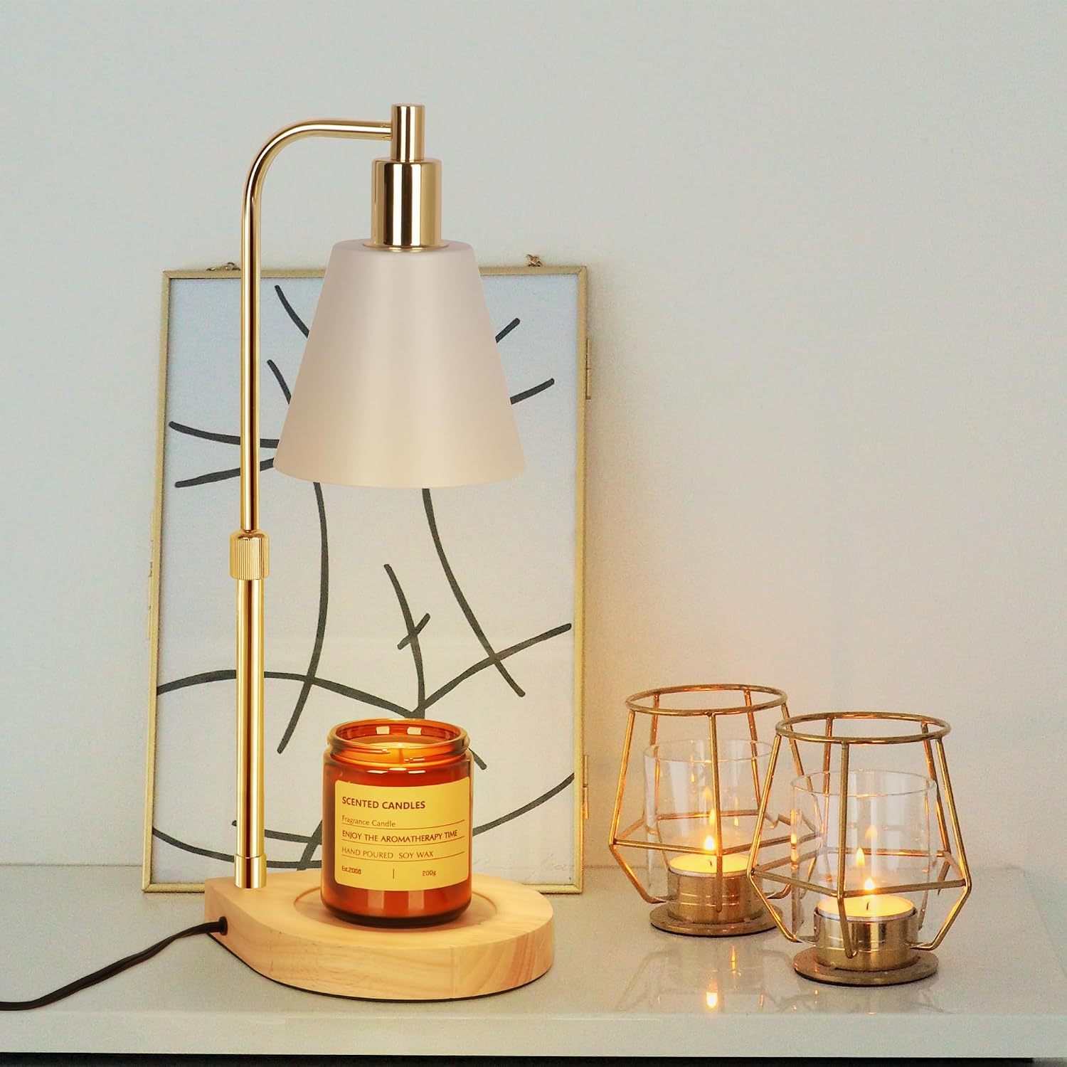 Candle Warmer Lamp, Adjustable Height Candle Warmer Melter with Timer for Scented Jar Candles, Wooden Base Electric Dimmable Candle Wax Warmer Light with 2 Bulbs for Home Decor, White Gold
