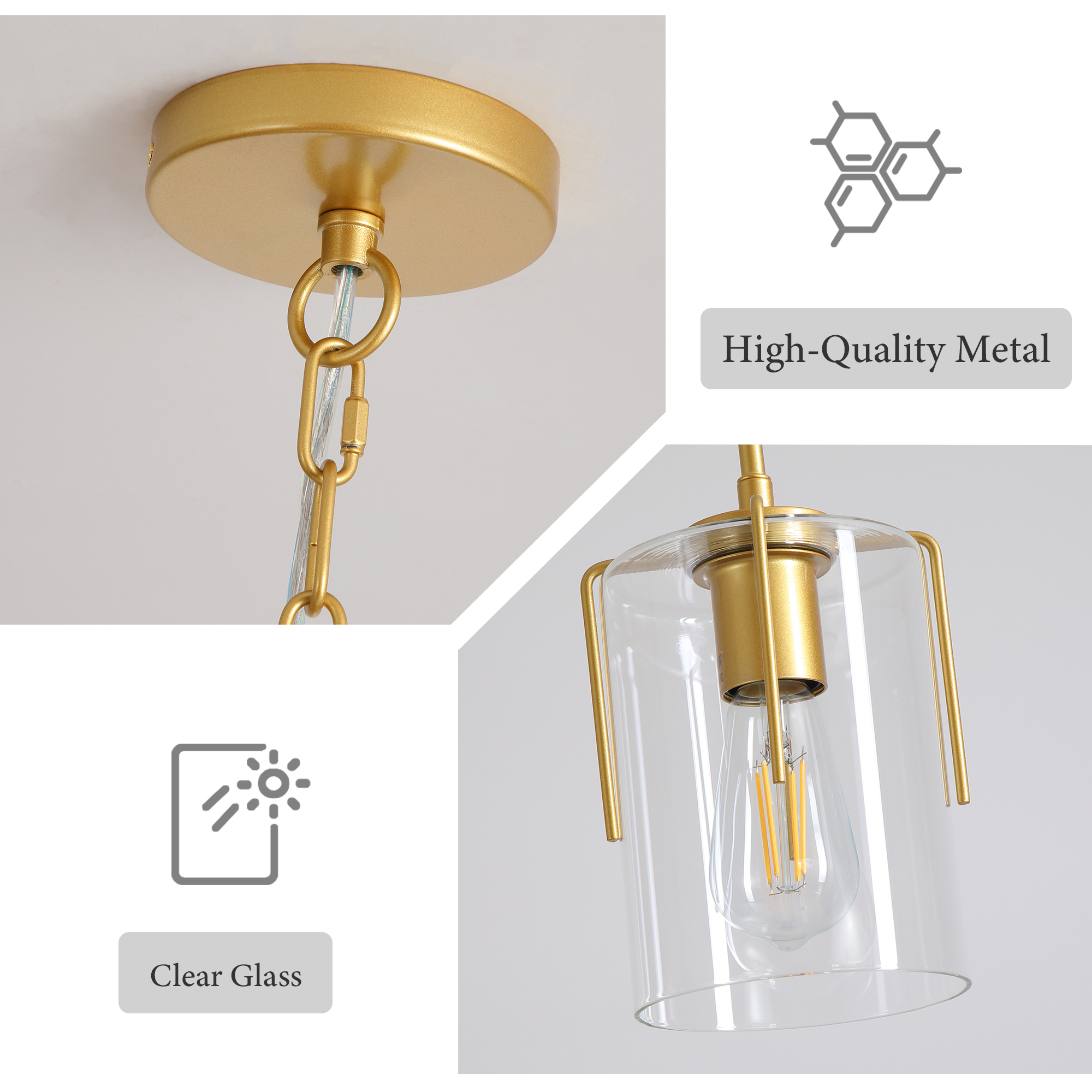 Anmytek 1‑Light Farmhouse Gold Pendant Light Modern Adjustable Hanging Ceiling Fixture with Clear Glass for Dining Table Kitchen Island Entryway Hallway Bedroom