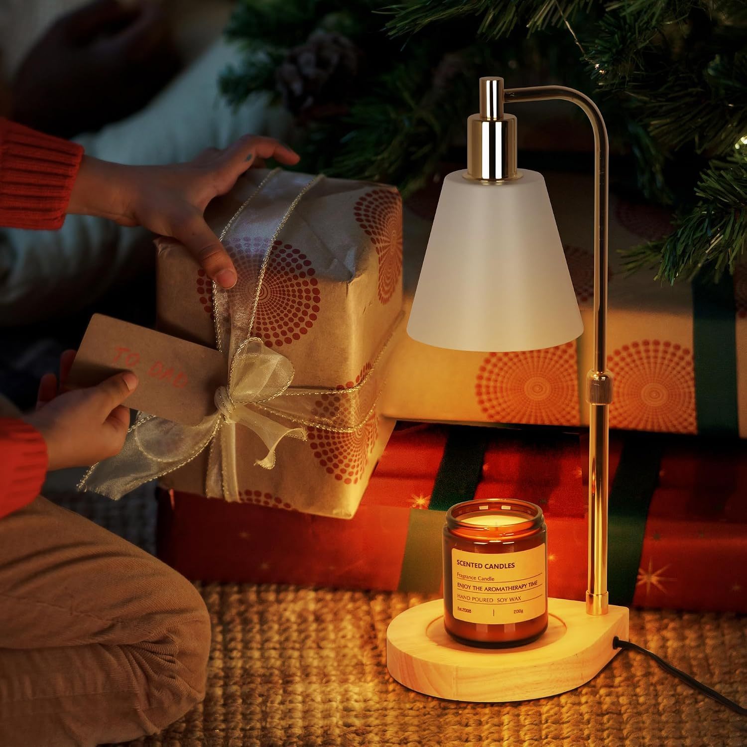 Candle Warmer Lamp, Adjustable Height Candle Warmer Melter with Timer for Scented Jar Candles, Wooden Base Electric Dimmable Candle Wax Warmer Light with 2 Bulbs for Home Decor, White Gold