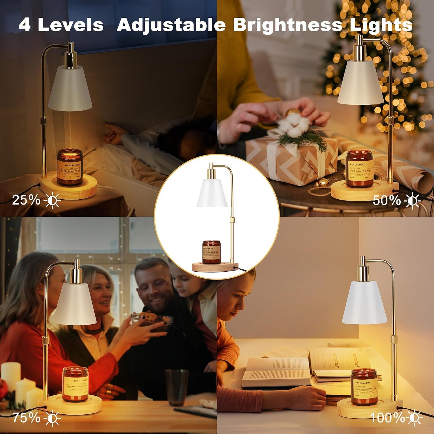 Candle Warmer Lamp, Adjustable Height Candle Warmer Melter with Timer for Scented Jar Candles, Wooden Base Electric Dimmable Candle Wax Warmer Light with 2 Bulbs for Home Decor, White Gold