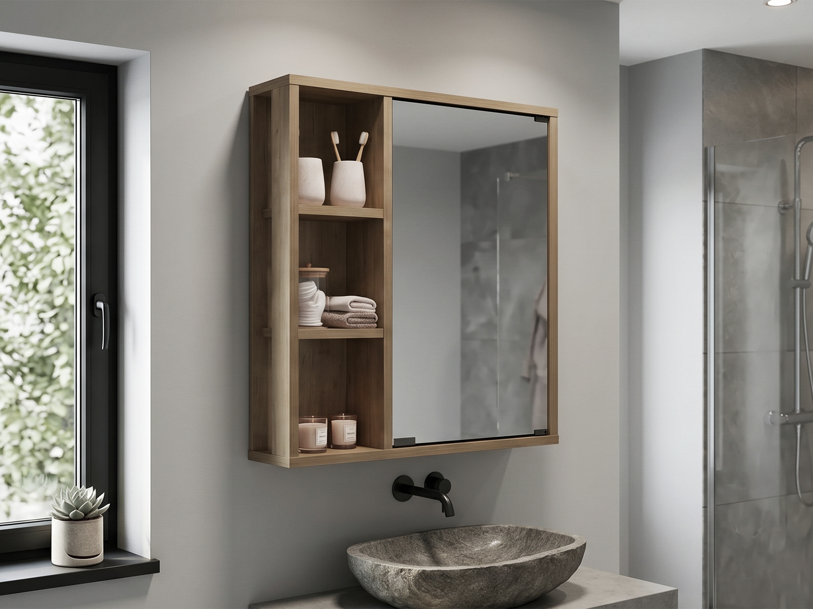 Bathroom Wall Cabinet with Mirror Door – Medicine Cabinet with 6 Open Shelves & Mirrored Sliding Door - Walnut