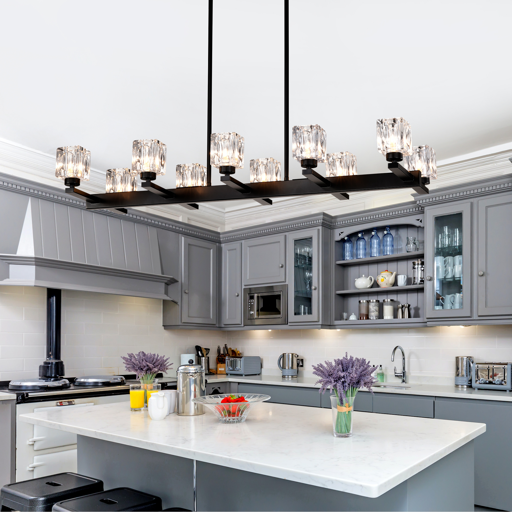 Anmytek 10‑Light Black Farmhouse Linear Pendant Light Modern Crystal Hanging Chandelier with G9 Bulbs for Dining Room Kitchen Island Bar Long Table Max 40W Per Bulb