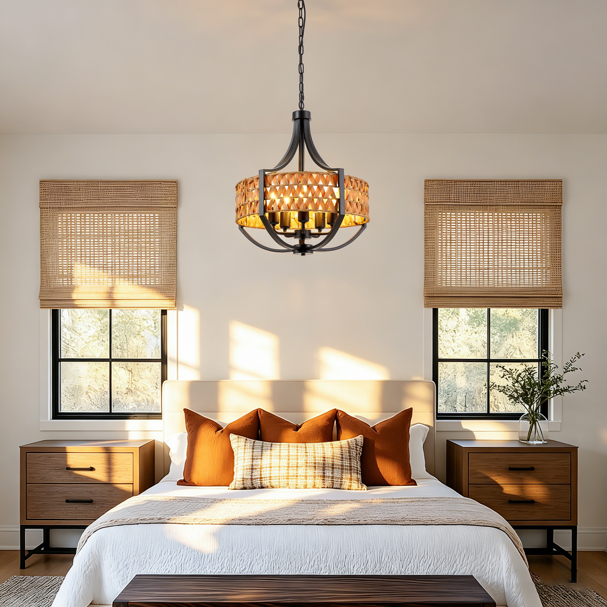 Anmytek 5‑Light Boho Rattan Chandelier Black Farmhouse Hanging Pendant Light with Natural Woven Reed Shade for Dining Room Living Room Foyer Bedroom Hallway