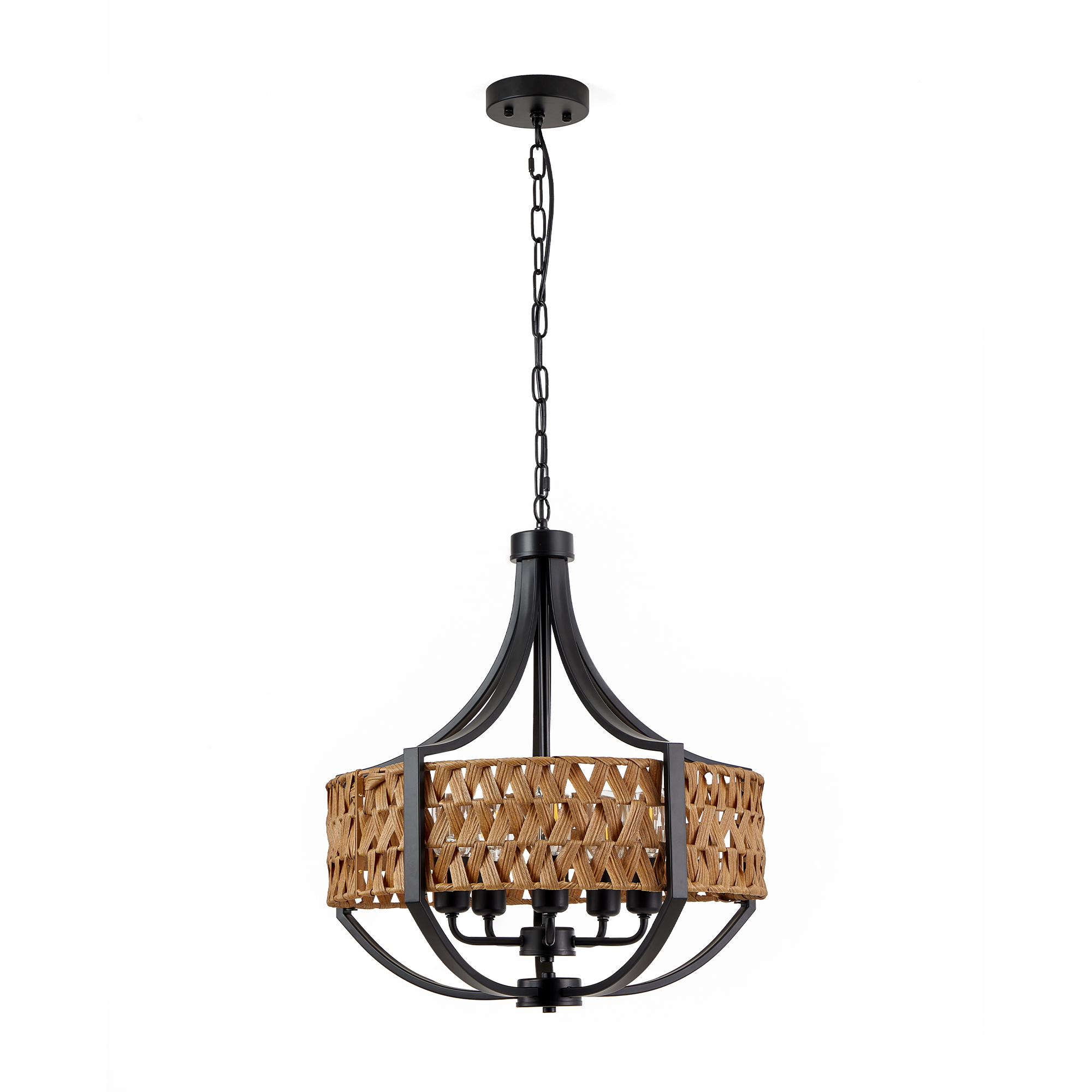 Anmytek 5‑Light Boho Rattan Chandelier Black Farmhouse Hanging Pendant Light with Natural Woven Reed Shade for Dining Room Living Room Foyer Bedroom Hallway