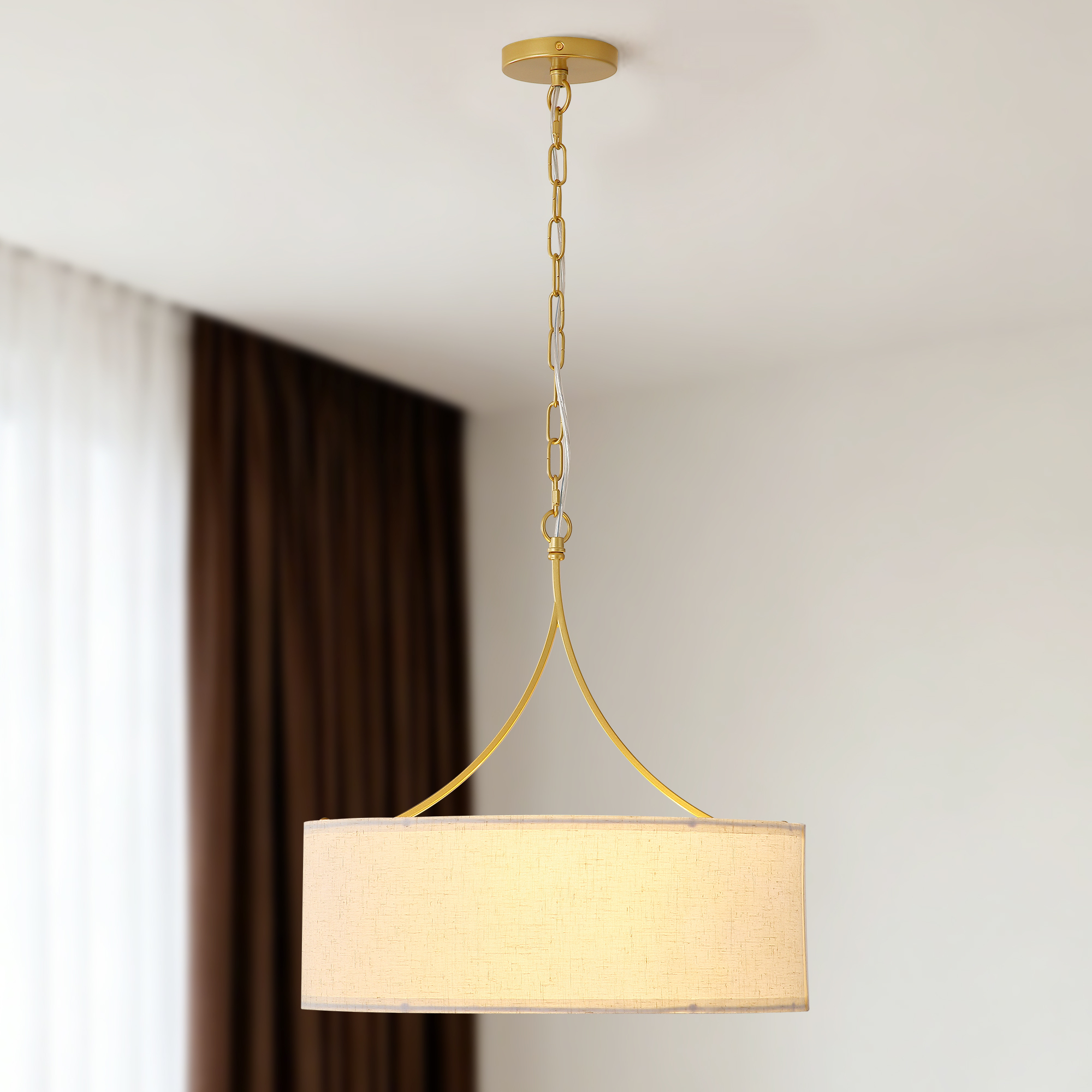 Anmytek 3‑Light Gold Fabric Drum Pendant Light Transitional Farmhouse Chandelier Adjustable Height Ceiling Light Fixture for Dining Room Kitchen Island Living Room Entryway