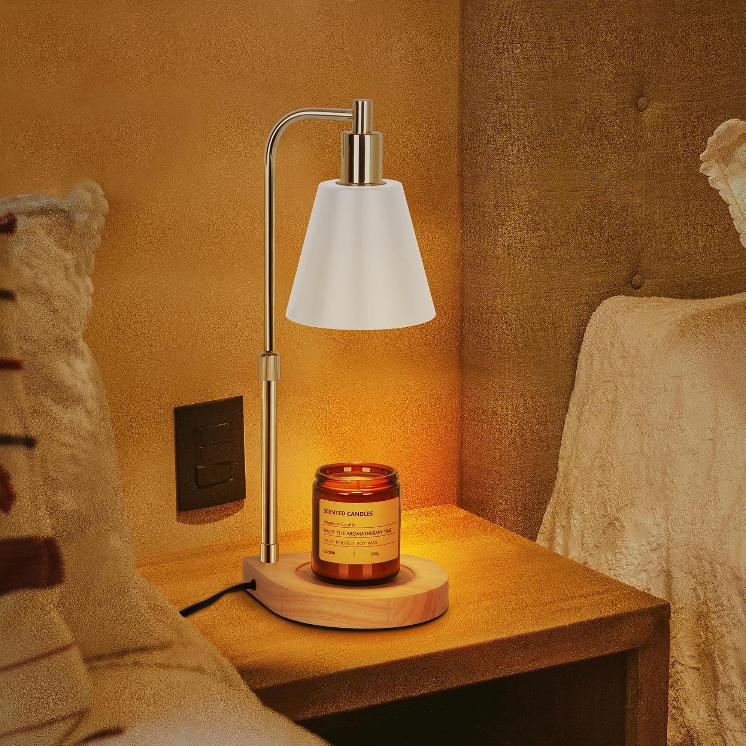 Candle Warmer Lamp, Adjustable Height Candle Warmer Melter with Timer for Scented Jar Candles, Wooden Base Electric Dimmable Candle Wax Warmer Light with 2 Bulbs for Home Decor, White Gold