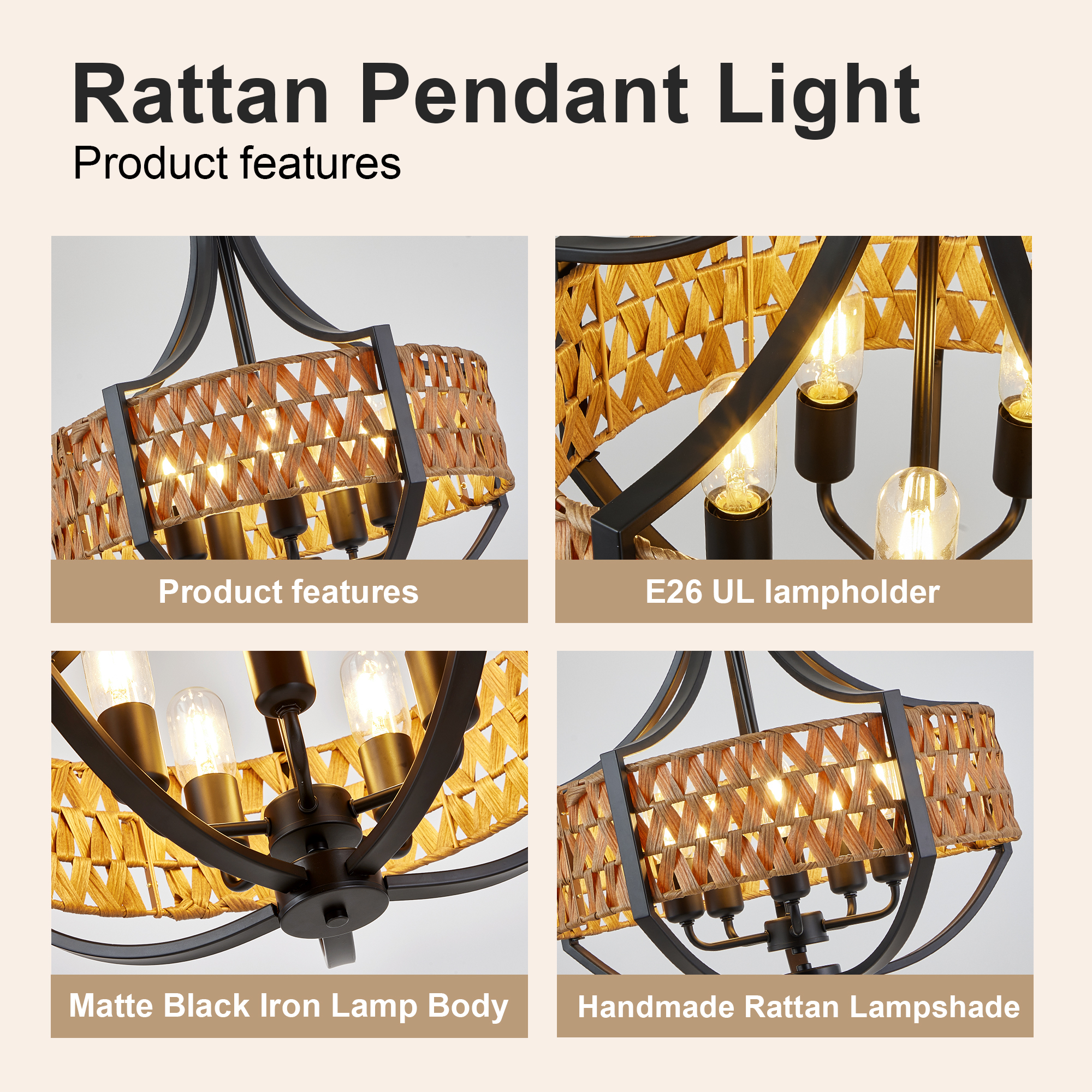 Anmytek 5‑Light Boho Rattan Chandelier Black Farmhouse Hanging Pendant Light with Natural Woven Reed Shade for Dining Room Living Room Foyer Bedroom Hallway