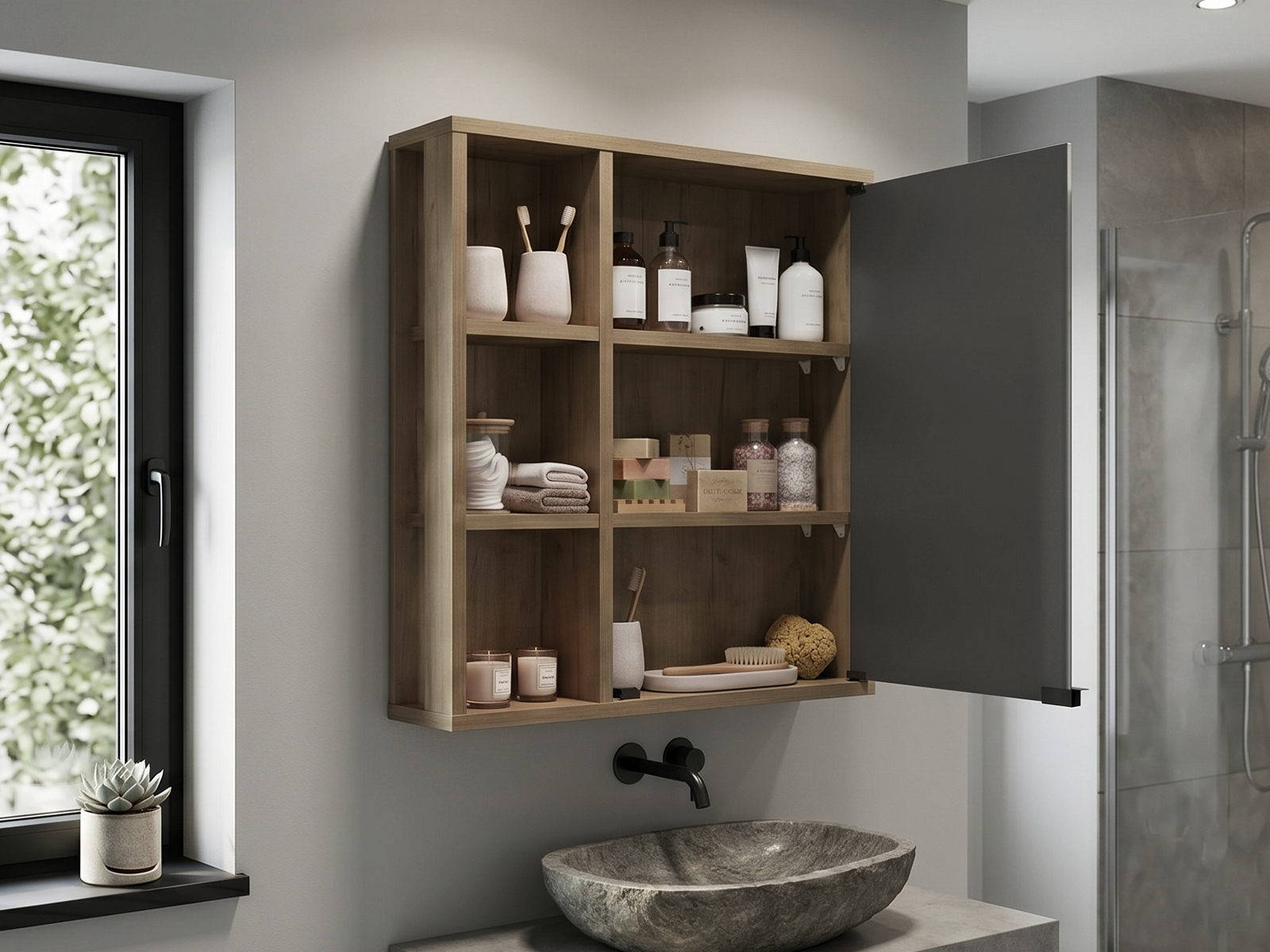 Bathroom Wall Cabinet with Mirror Door – Medicine Cabinet with 6 Open Shelves & Mirrored Sliding Door - Walnut
