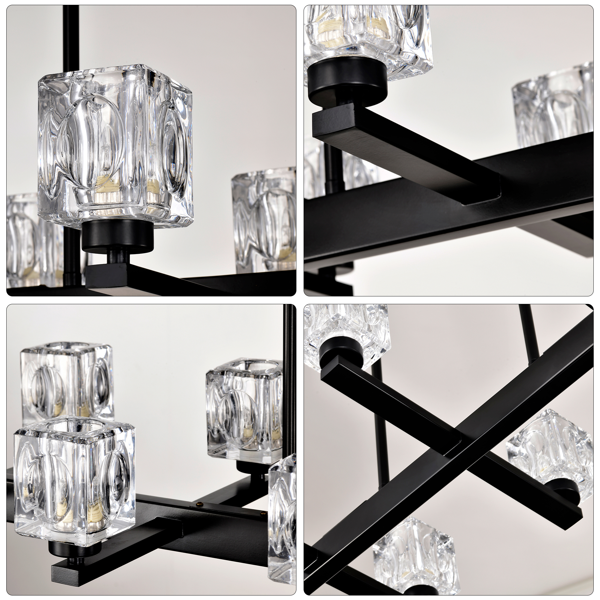 Anmytek 10‑Light Black Farmhouse Linear Pendant Light Modern Crystal Hanging Chandelier with G9 Bulbs for Dining Room Kitchen Island Bar Long Table Max 40W Per Bulb