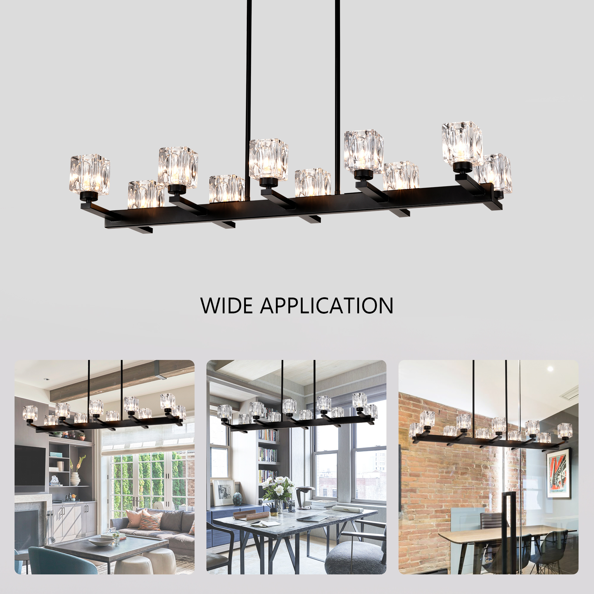 Anmytek 10‑Light Black Farmhouse Linear Pendant Light Modern Crystal Hanging Chandelier with G9 Bulbs for Dining Room Kitchen Island Bar Long Table Max 40W Per Bulb