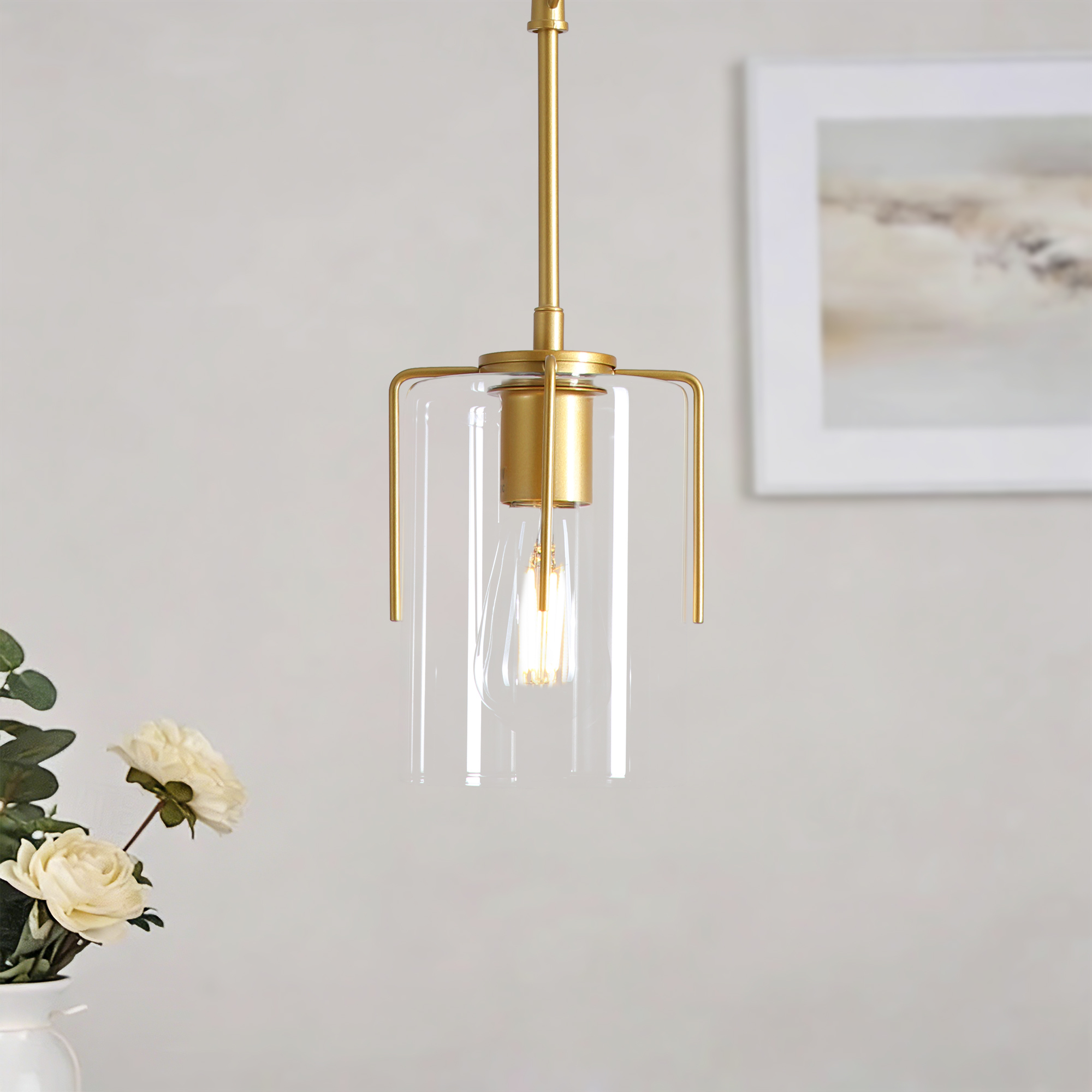 Anmytek 1‑Light Farmhouse Gold Pendant Light Modern Adjustable Hanging Ceiling Fixture with Clear Glass for Dining Table Kitchen Island Entryway Hallway Bedroom