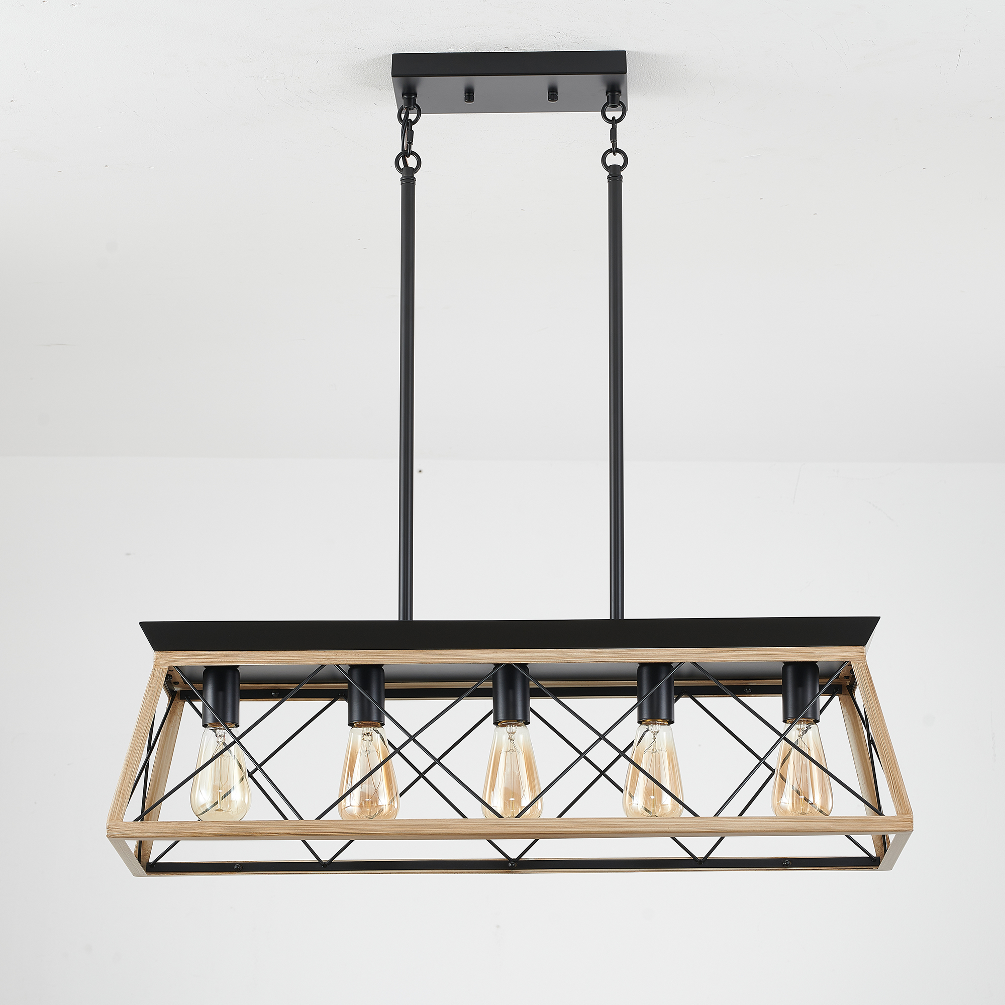 Anmytek 5‑Light Farmhouse Linear Chandelier Rustic Wood Rectangular Pendant Light Fixture for Dining Room Kitchen Island No Bulbs Included