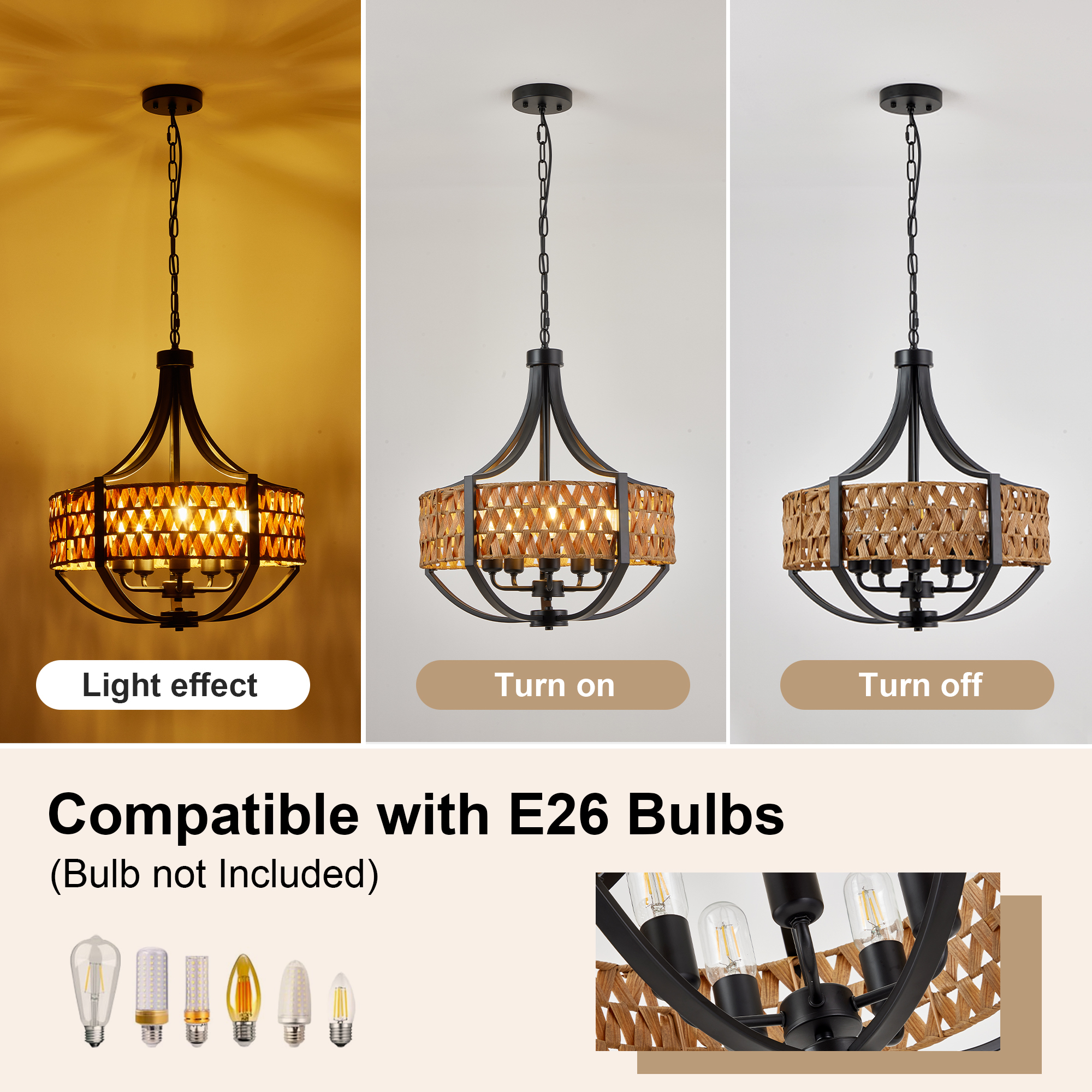 Anmytek 5‑Light Boho Rattan Chandelier Black Farmhouse Hanging Pendant Light with Natural Woven Reed Shade for Dining Room Living Room Foyer Bedroom Hallway