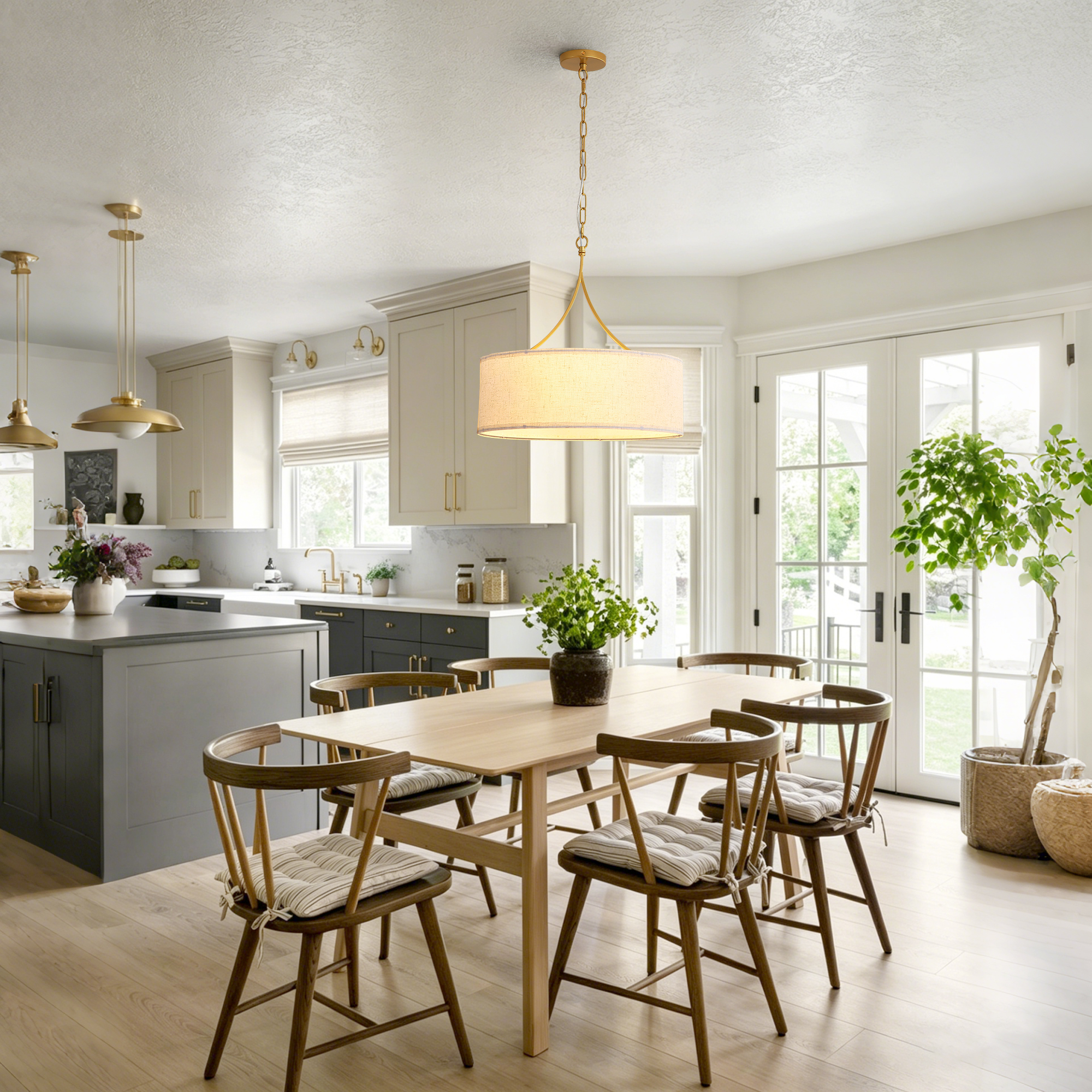 Anmytek 3‑Light Gold Fabric Drum Pendant Light Transitional Farmhouse Chandelier Adjustable Height Ceiling Light Fixture for Dining Room Kitchen Island Living Room Entryway