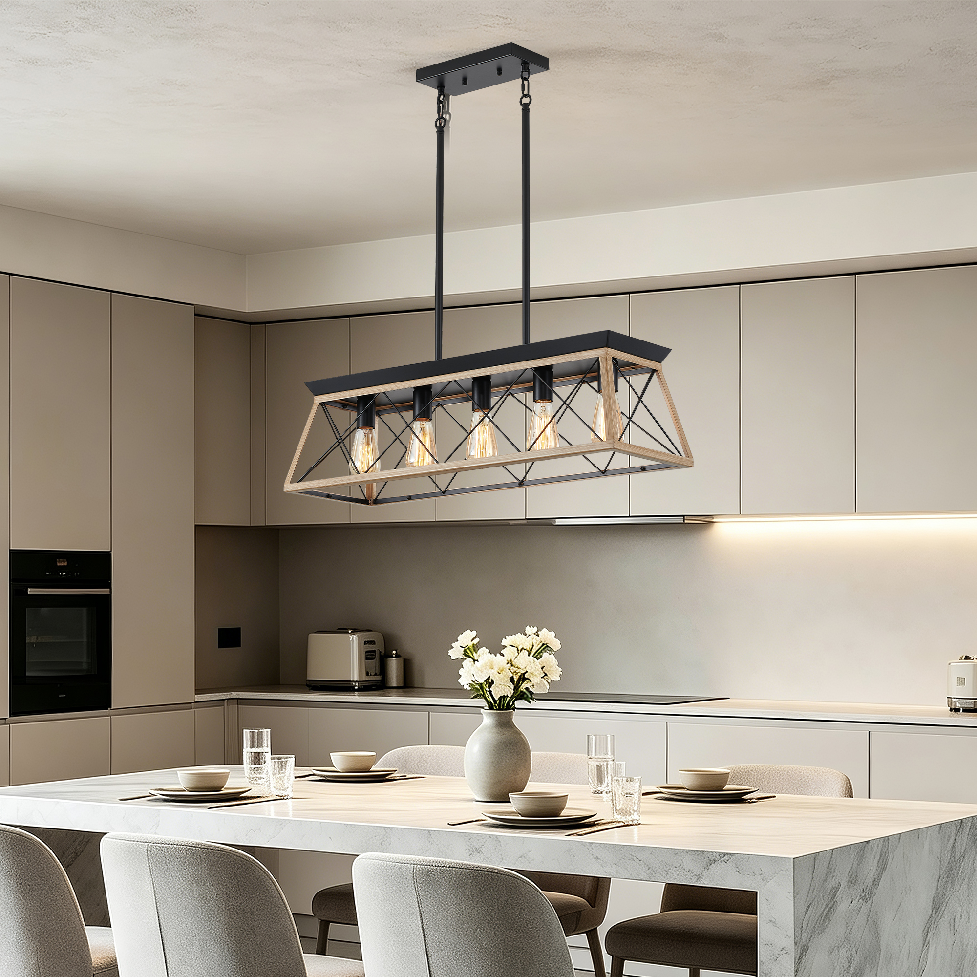 Anmytek 5‑Light Farmhouse Linear Chandelier Rustic Wood Rectangular Pendant Light Fixture for Dining Room Kitchen Island No Bulbs Included