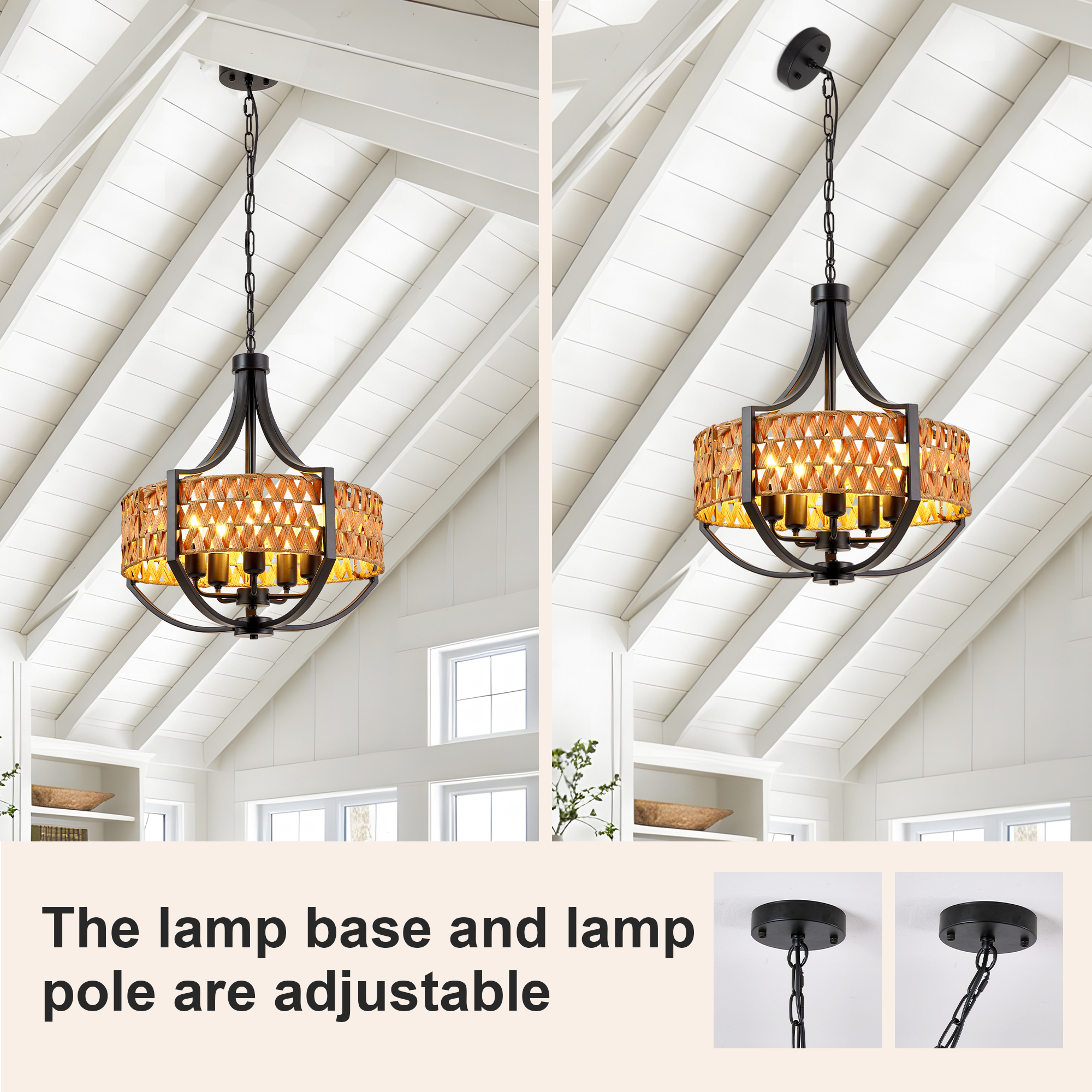 Anmytek 5‑Light Boho Rattan Chandelier Black Farmhouse Hanging Pendant Light with Natural Woven Reed Shade for Dining Room Living Room Foyer Bedroom Hallway
