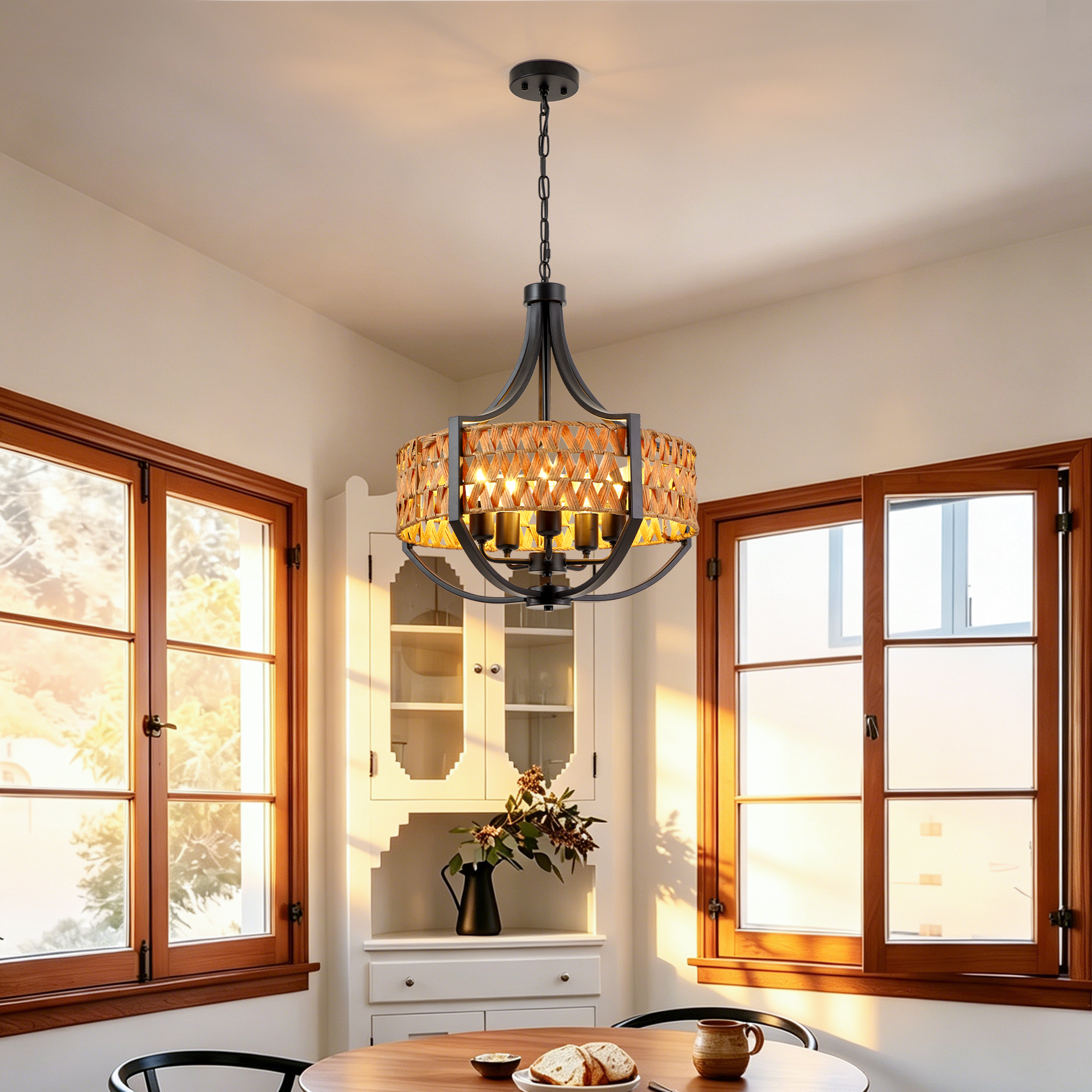 Anmytek 5‑Light Boho Rattan Chandelier Black Farmhouse Hanging Pendant Light with Natural Woven Reed Shade for Dining Room Living Room Foyer Bedroom Hallway