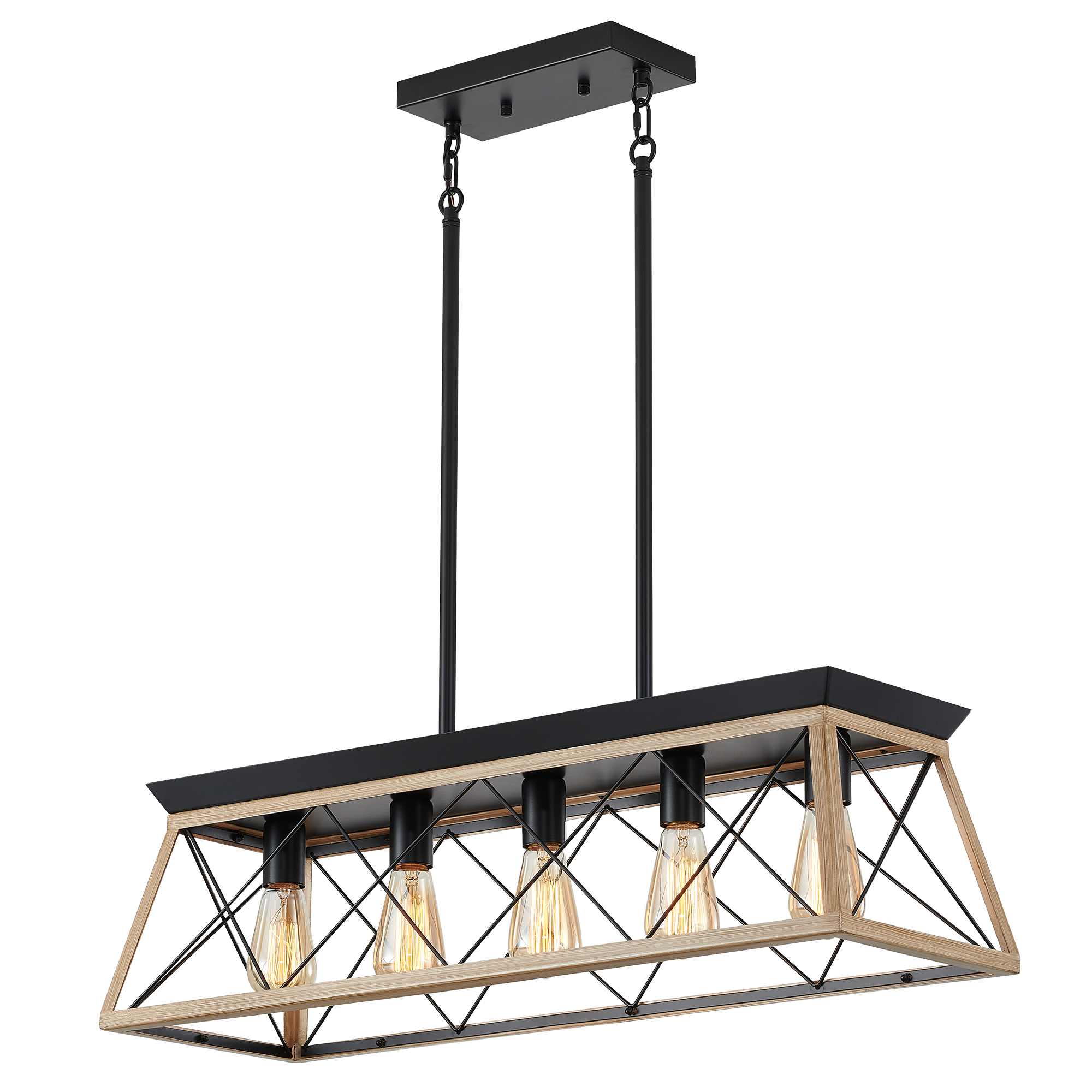 Anmytek 5‑Light Farmhouse Linear Chandelier Rustic Wood Rectangular Pendant Light Fixture for Dining Room Kitchen Island No Bulbs Included