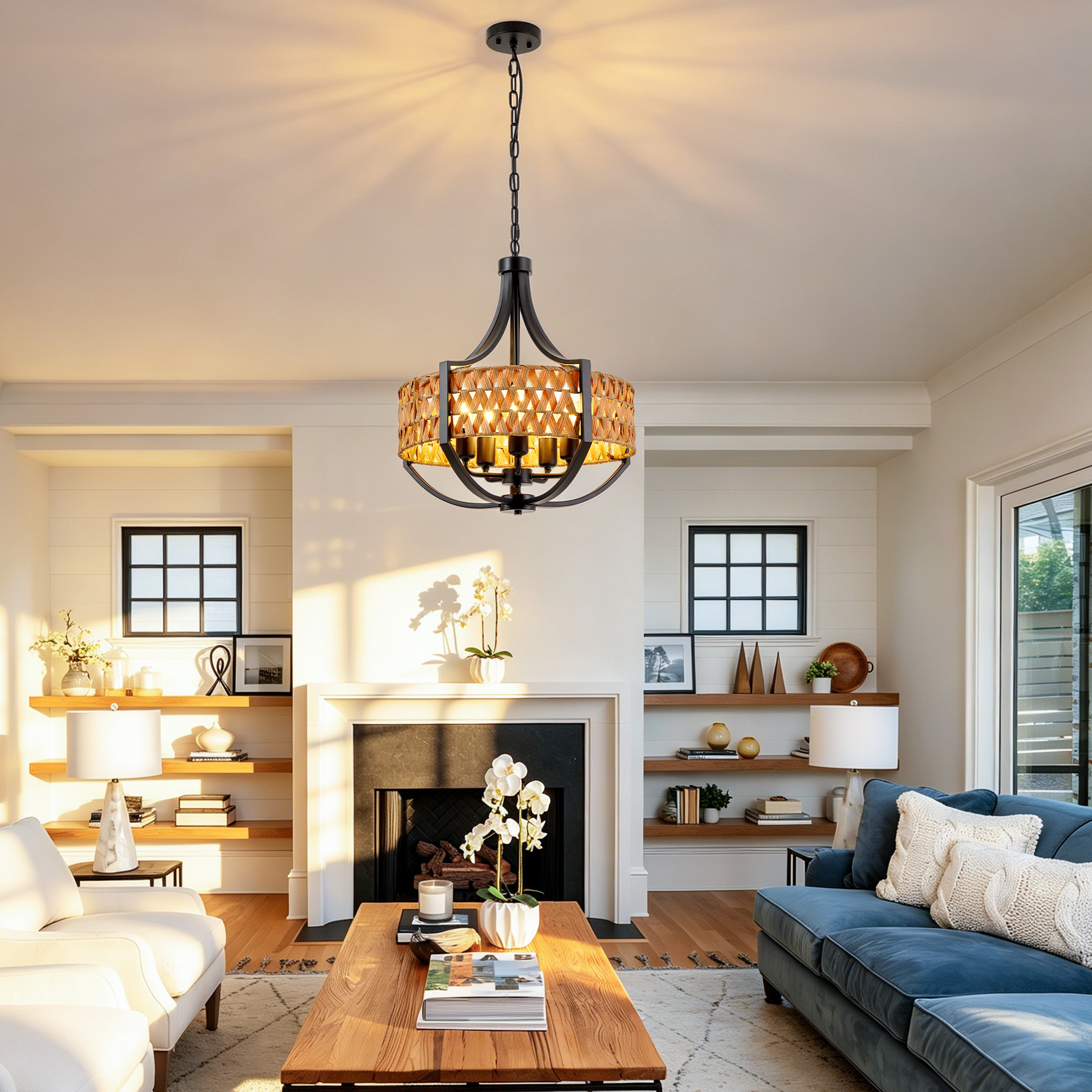 Anmytek 5‑Light Boho Rattan Chandelier Black Farmhouse Hanging Pendant Light with Natural Woven Reed Shade for Dining Room Living Room Foyer Bedroom Hallway