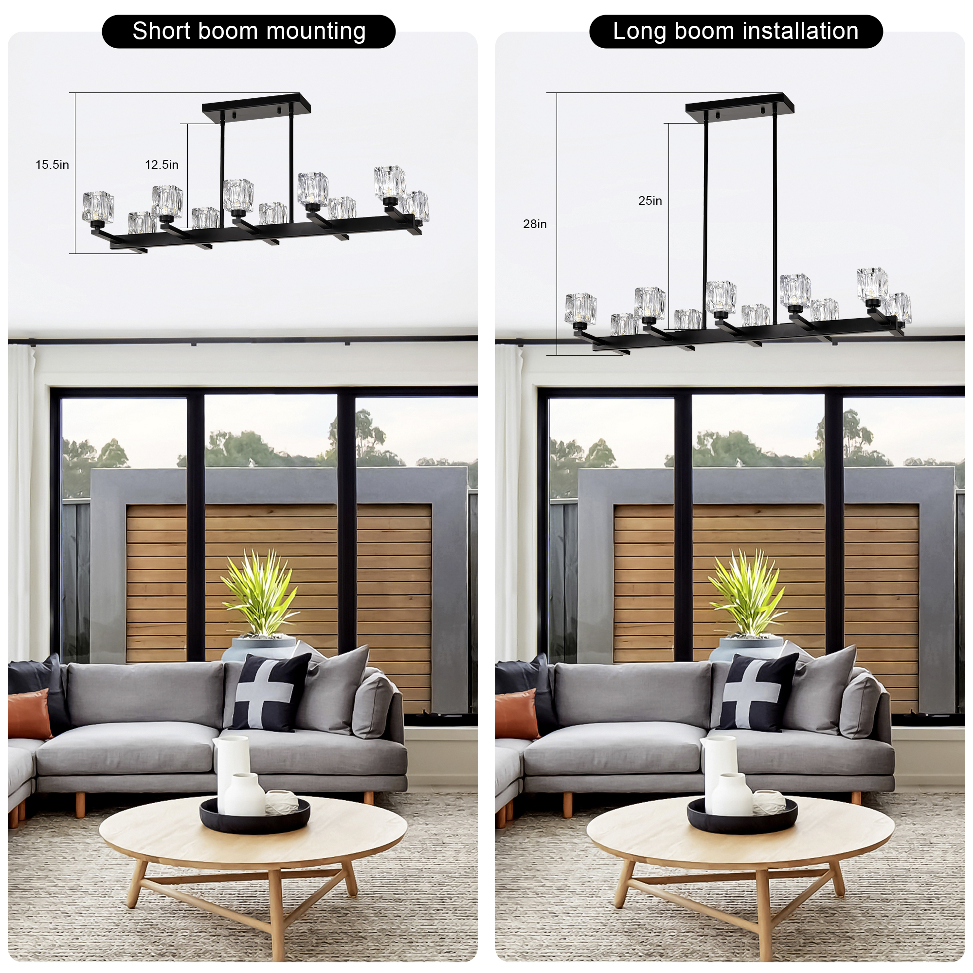 Anmytek 10‑Light Black Farmhouse Linear Pendant Light Modern Crystal Hanging Chandelier with G9 Bulbs for Dining Room Kitchen Island Bar Long Table Max 40W Per Bulb