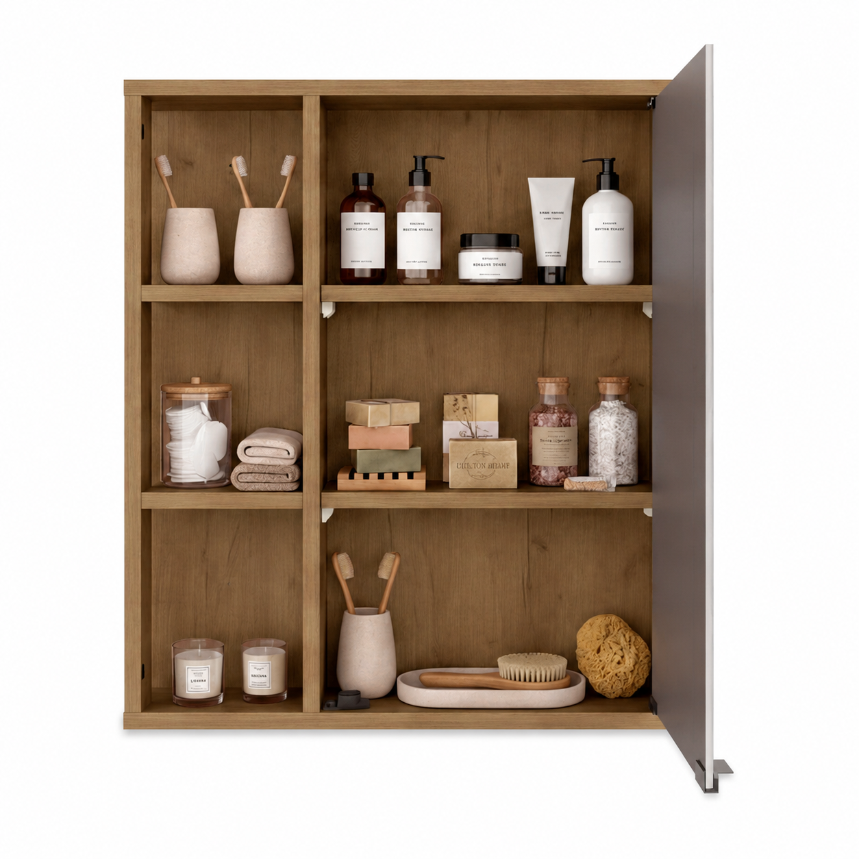 Bathroom Wall Cabinet with Mirror Door – Medicine Cabinet with 6 Open Shelves & Mirrored Sliding Door - Walnut