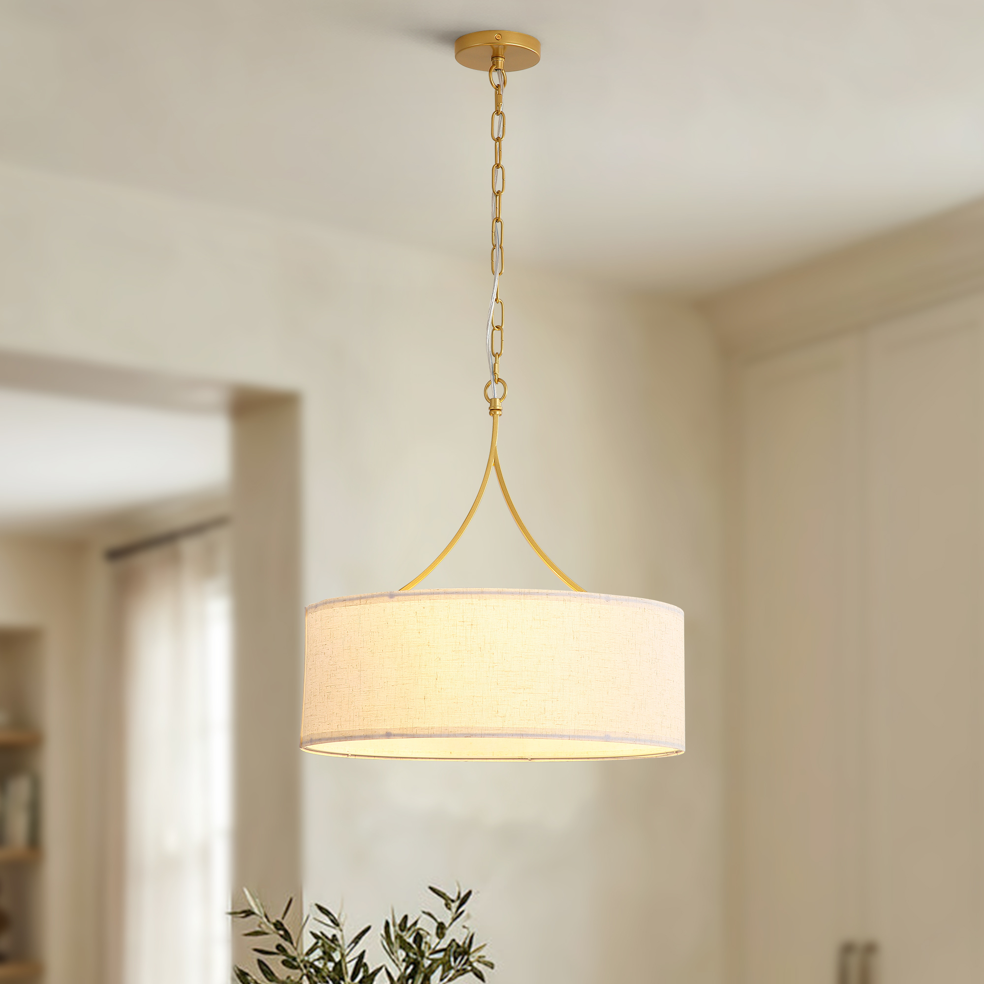 Anmytek 3‑Light Gold Fabric Drum Pendant Light Transitional Farmhouse Chandelier Adjustable Height Ceiling Light Fixture for Dining Room Kitchen Island Living Room Entryway