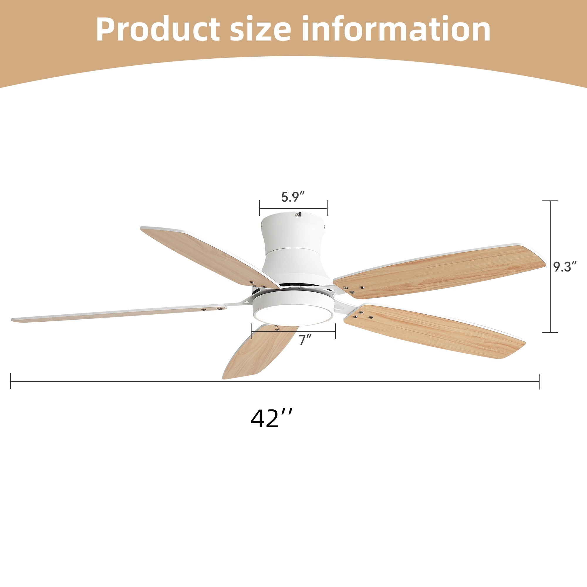 42-Inch Flush Mount Ceiling Fan with Light, Dimmable, DC Reversible Motor, 5 MDF Blades