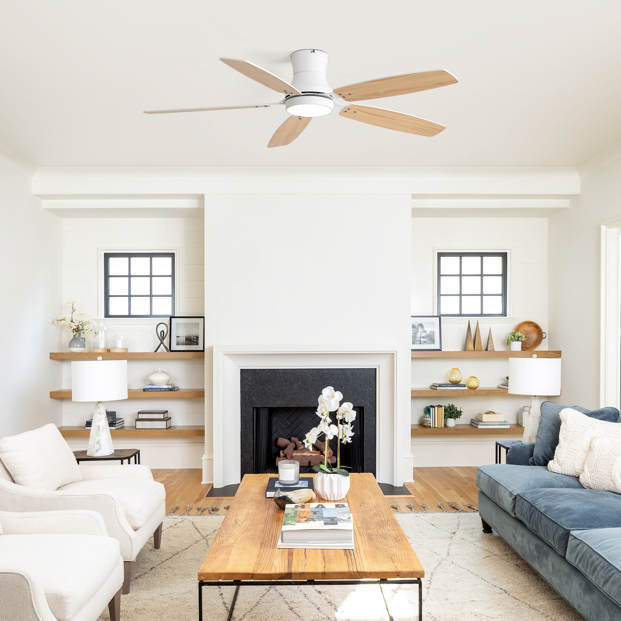 42-Inch Flush Mount Ceiling Fan with Light, Dimmable, DC Reversible Motor, 5 MDF Blades