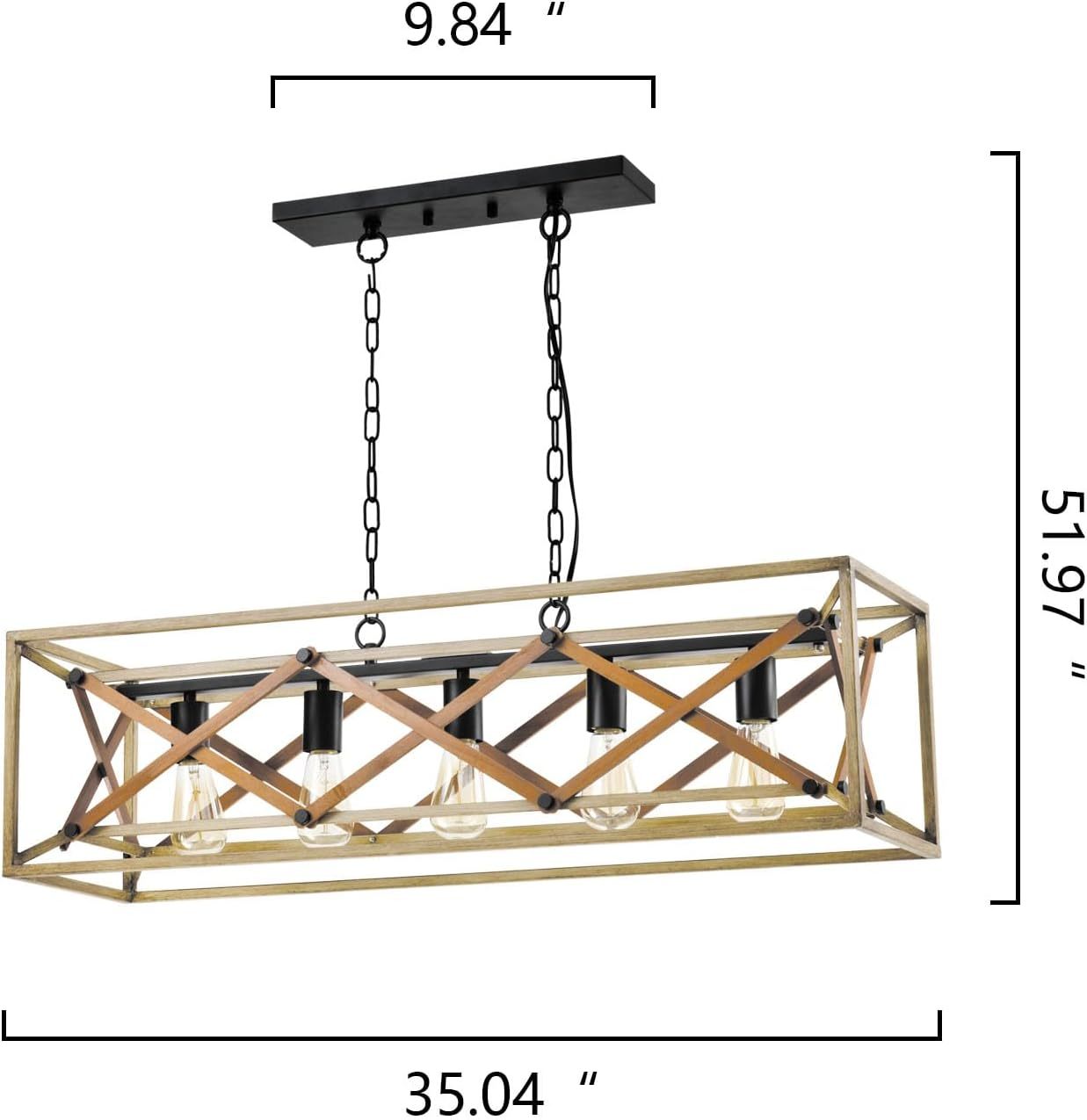 5-Light Chandelier for Island Light,Black and Oak FinishKitchen Lighting Hanging Pendant Light Kitchen Island,Industrial Island Lights for Kitchen Dining Room(not included bulbs)