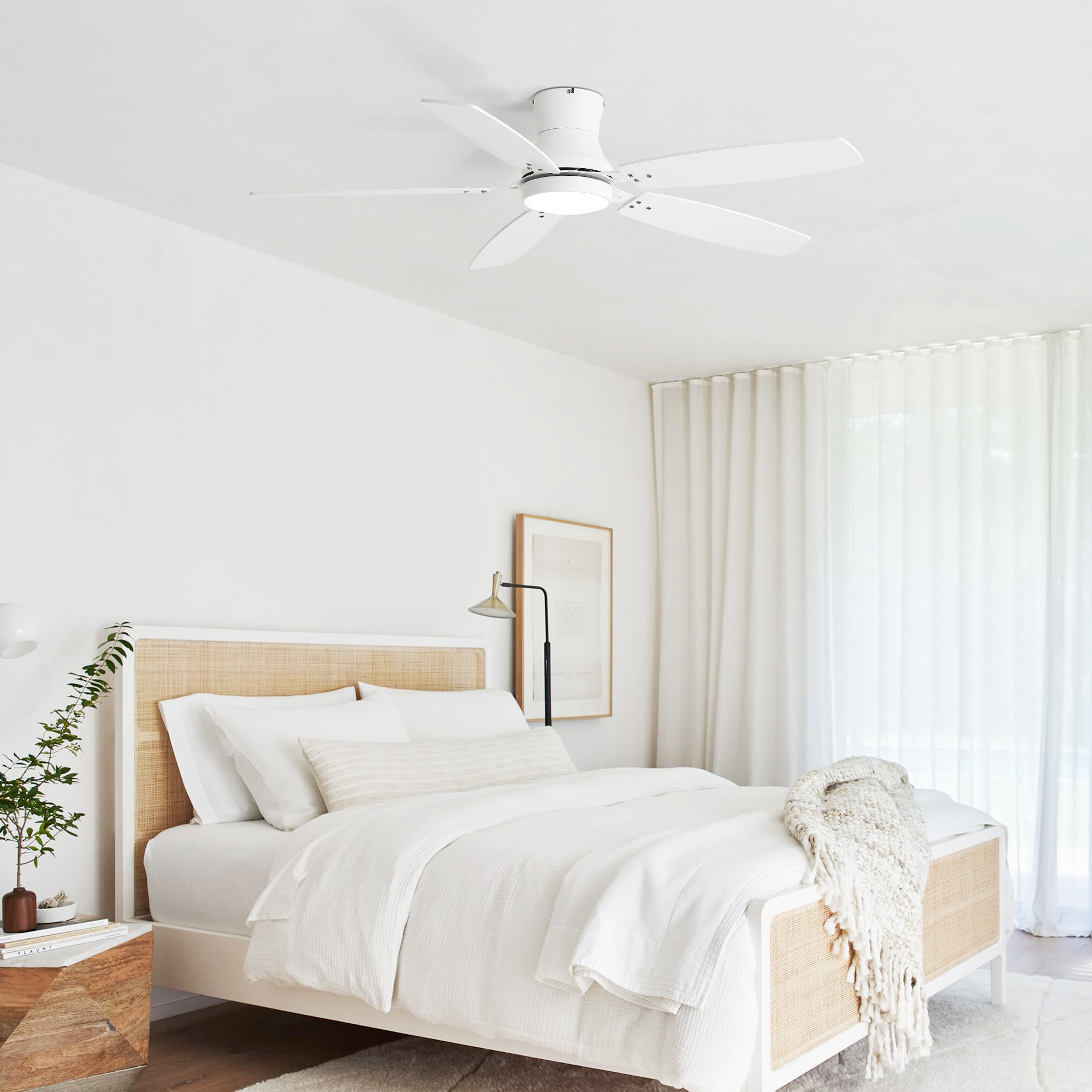 42-Inch Flush Mount Ceiling Fan with Light, Dimmable, DC Reversible Motor, 5 MDF Blades