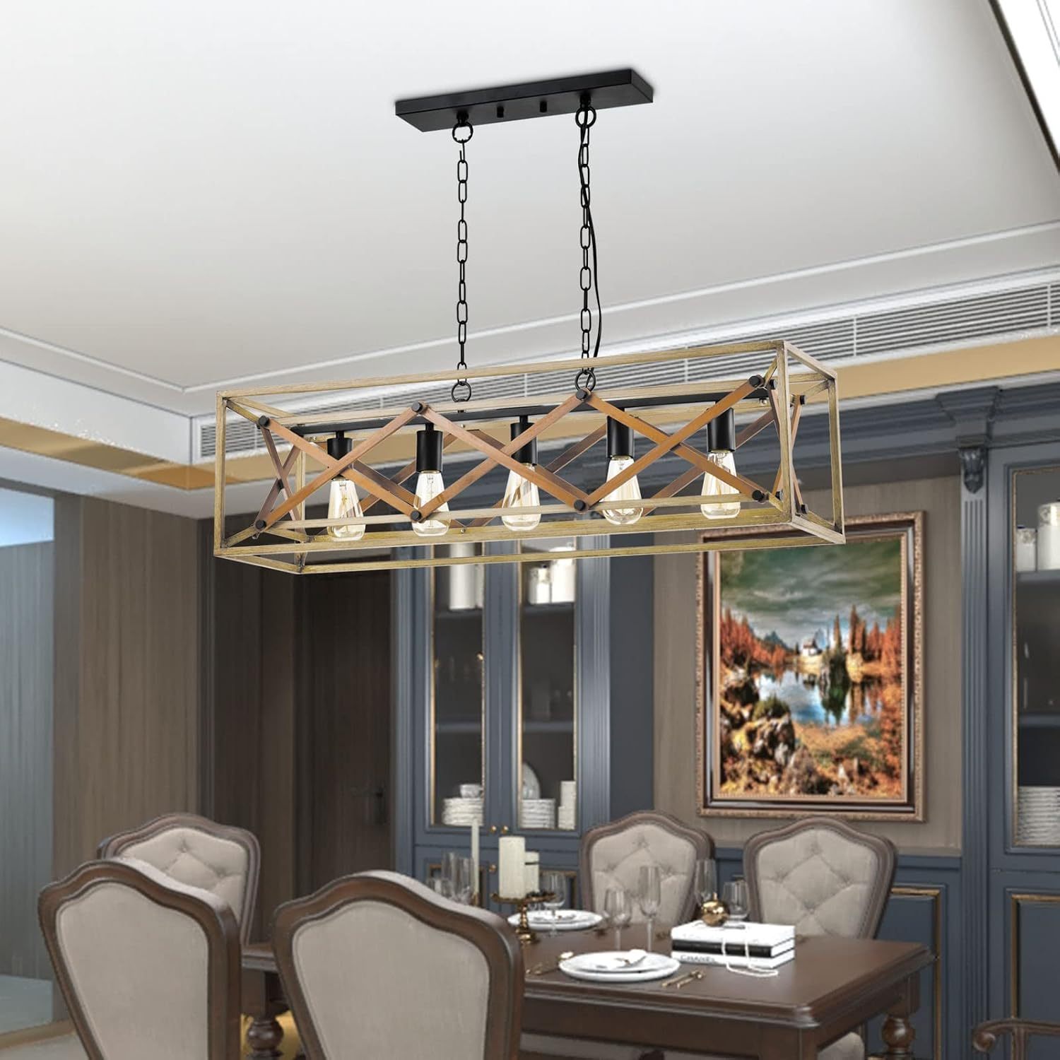 5-Light Chandelier for Island Light,Black and Oak FinishKitchen Lighting Hanging Pendant Light Kitchen Island,Industrial Island Lights for Kitchen Dining Room(not included bulbs)