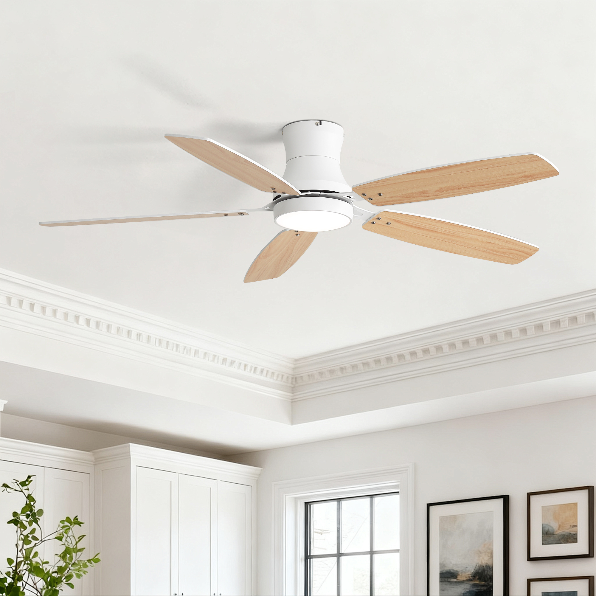 42-Inch Flush Mount Ceiling Fan with Light, Dimmable, DC Reversible Motor, 5 MDF Blades