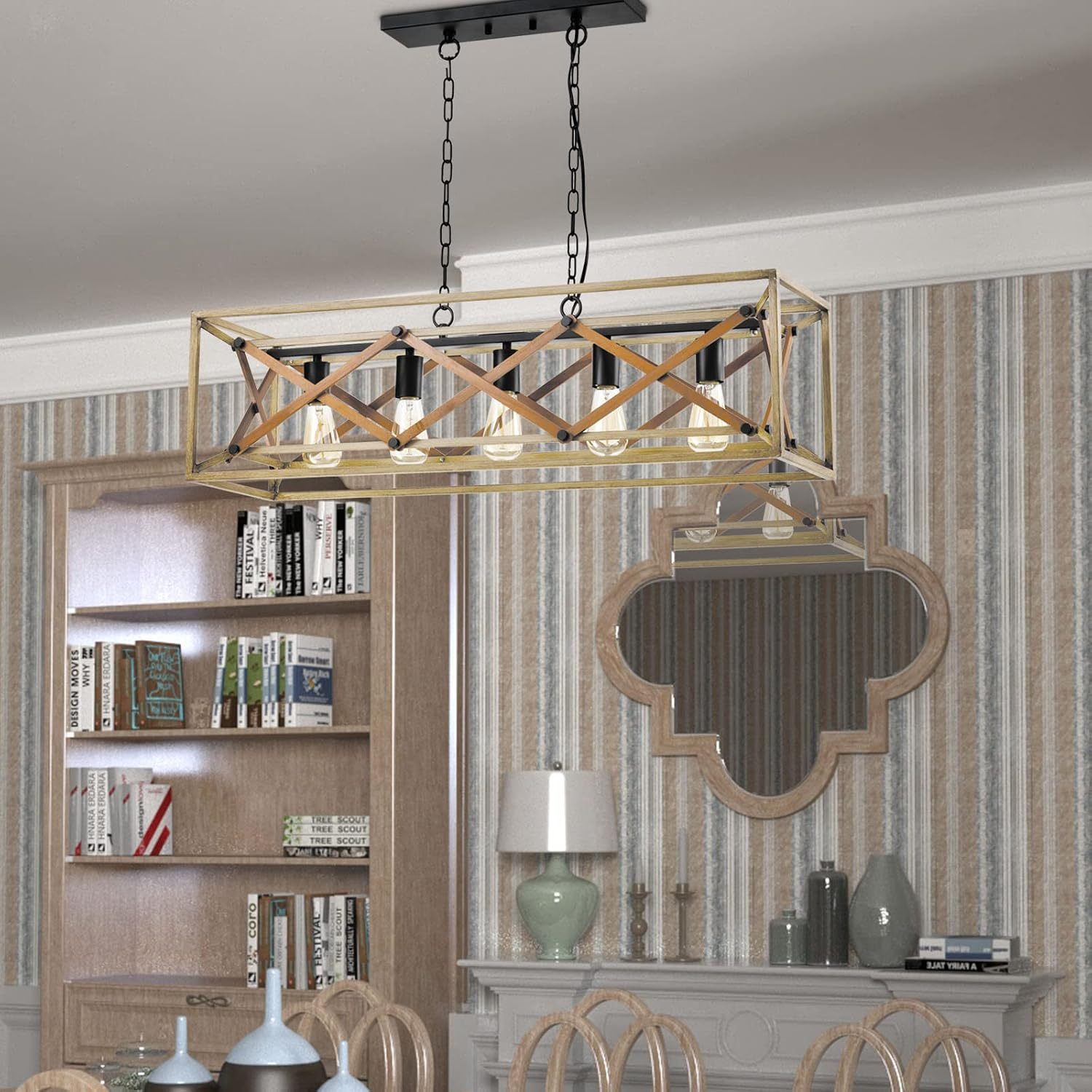 5-Light Chandelier for Island Light,Black and Oak FinishKitchen Lighting Hanging Pendant Light Kitchen Island,Industrial Island Lights for Kitchen Dining Room(not included bulbs)