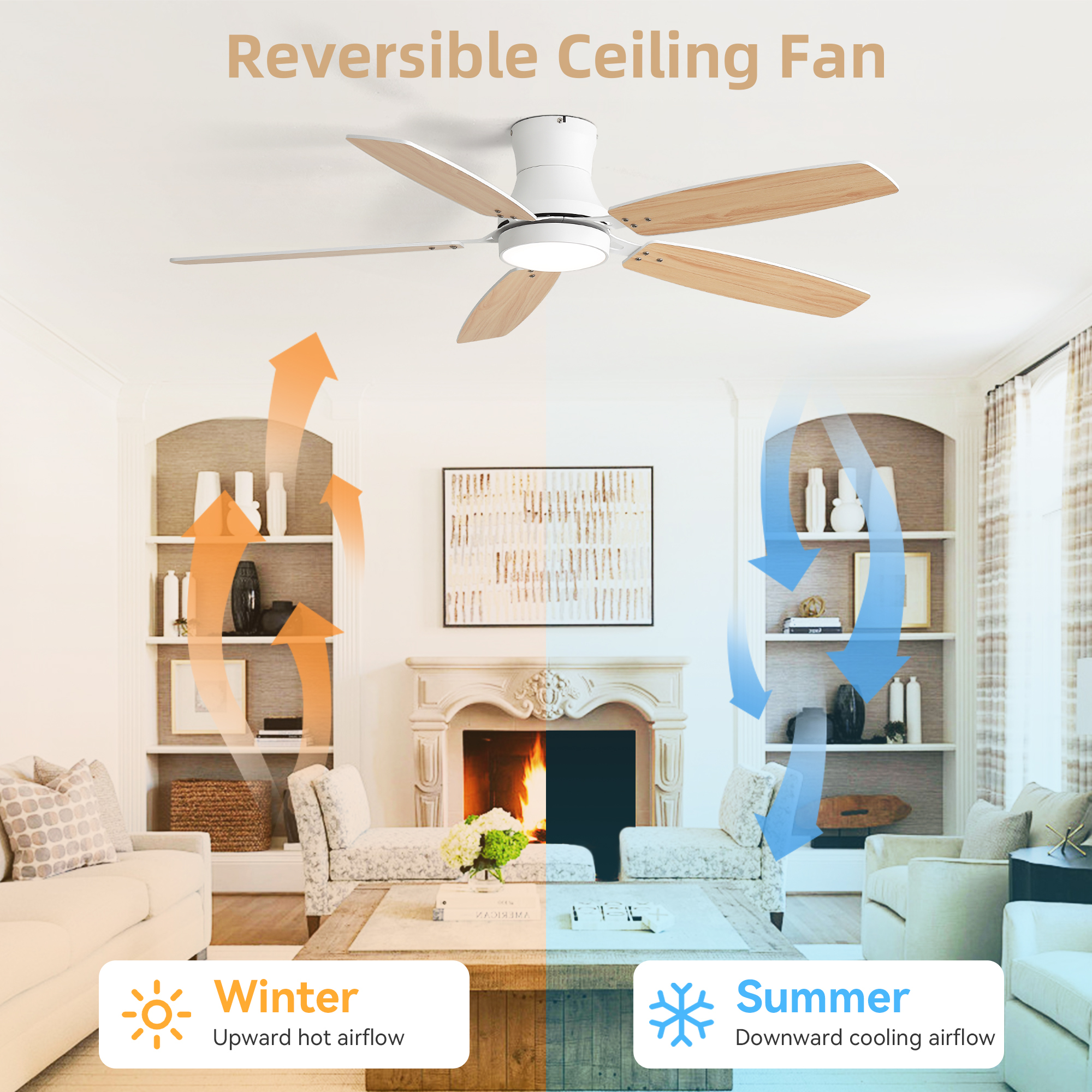 42-Inch Flush Mount Ceiling Fan with Light, Dimmable, DC Reversible Motor, 5 MDF Blades