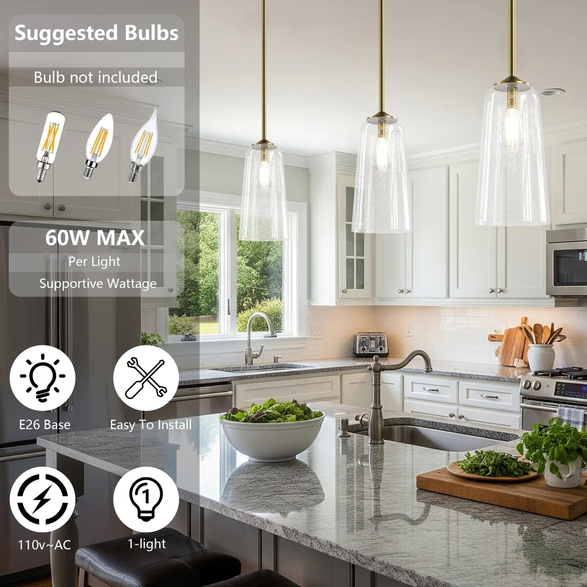 1-Light 6.1" W Dimmable Bell Pendant Light with Glass Shade(not included bulbs)