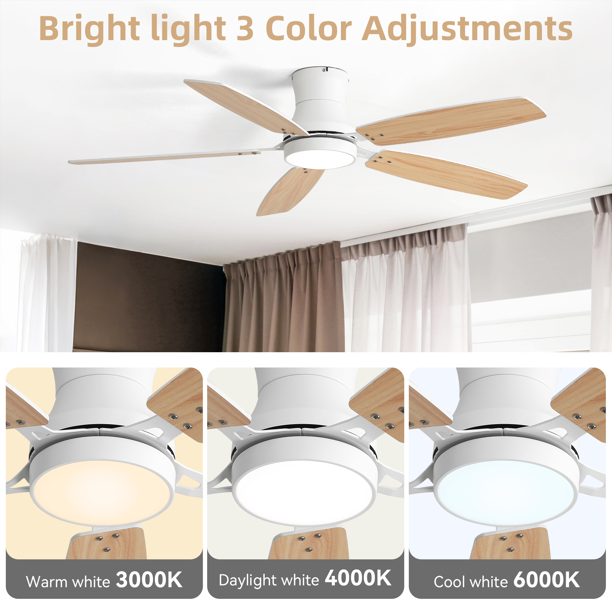 42-Inch Flush Mount Ceiling Fan with Light, Dimmable, DC Reversible Motor, 5 MDF Blades