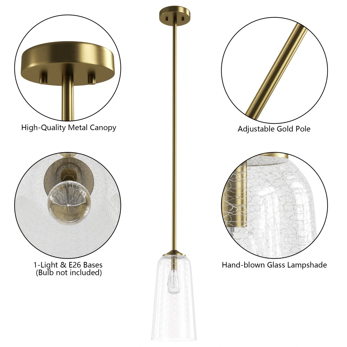 1-Light 6.1" W Dimmable Bell Pendant Light with Glass Shade(not included bulbs)