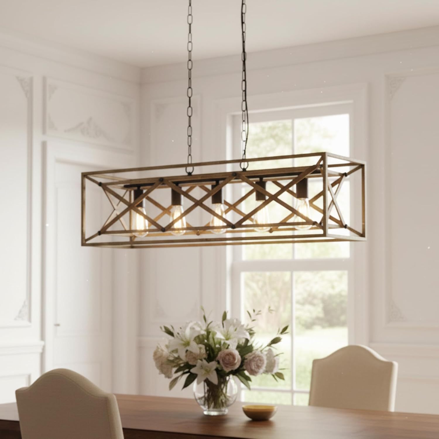 5-Light Chandelier for Island Light,Black and Oak FinishKitchen Lighting Hanging Pendant Light Kitchen Island,Industrial Island Lights for Kitchen Dining Room(not included bulbs)