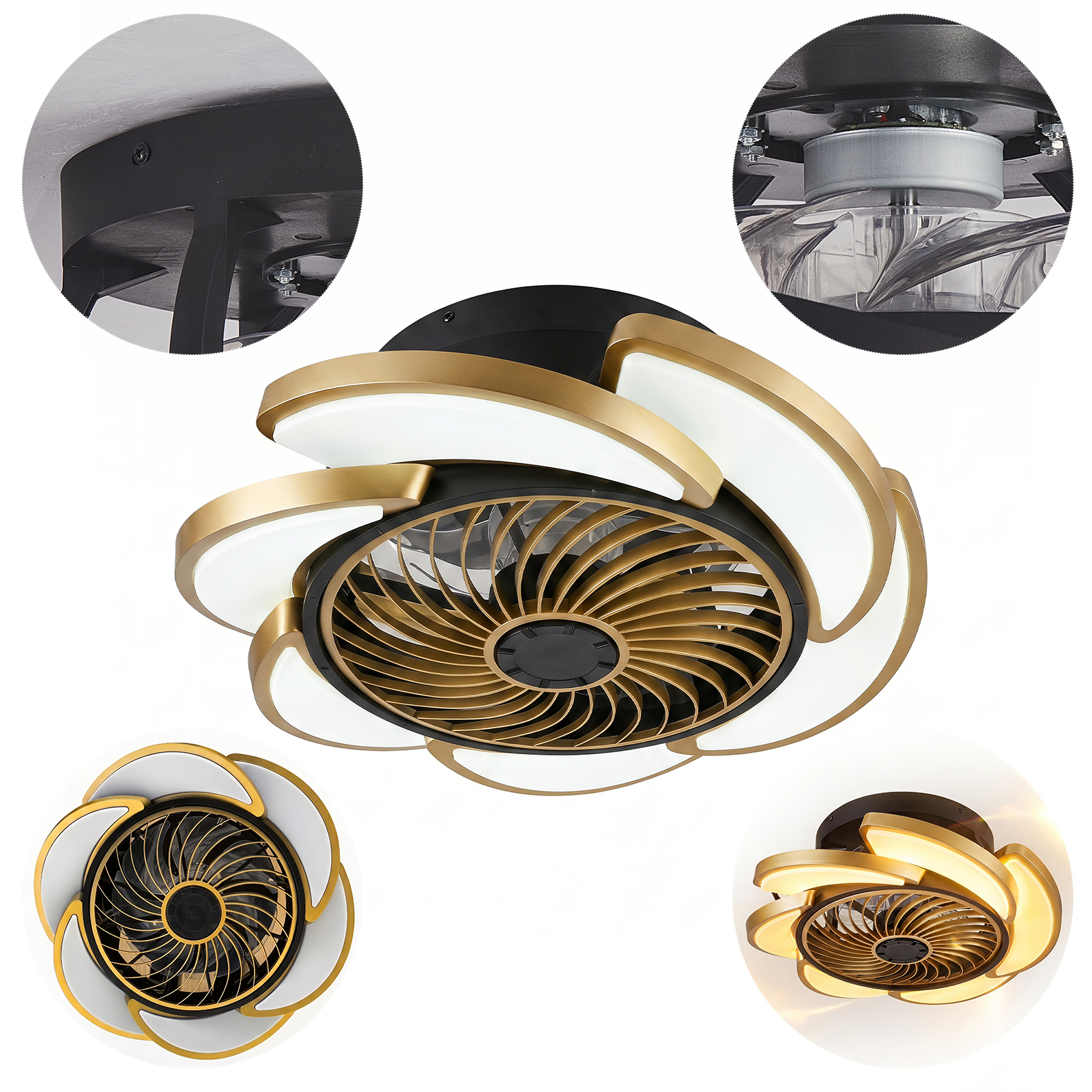 Anmytek 17 Inch Gold Bladeless Ceiling Fan With Light Remote Control 6 Speed Dimmable Enclosed Low Profile Luxury Ceiling Fan