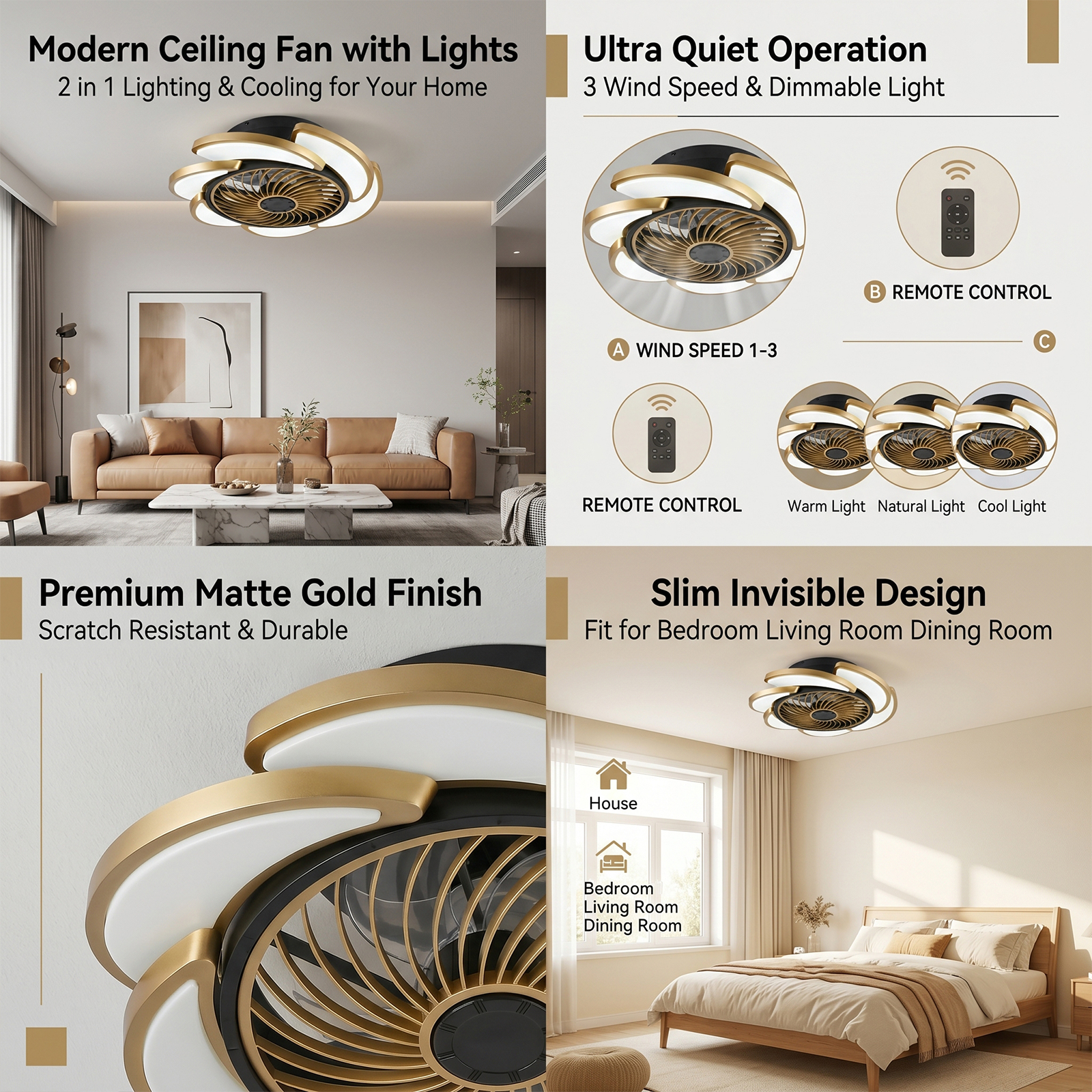 Anmytek 17 Inch Gold Bladeless Ceiling Fan With Light Remote Control 6 Speed Dimmable Enclosed Low Profile Luxury Ceiling Fan