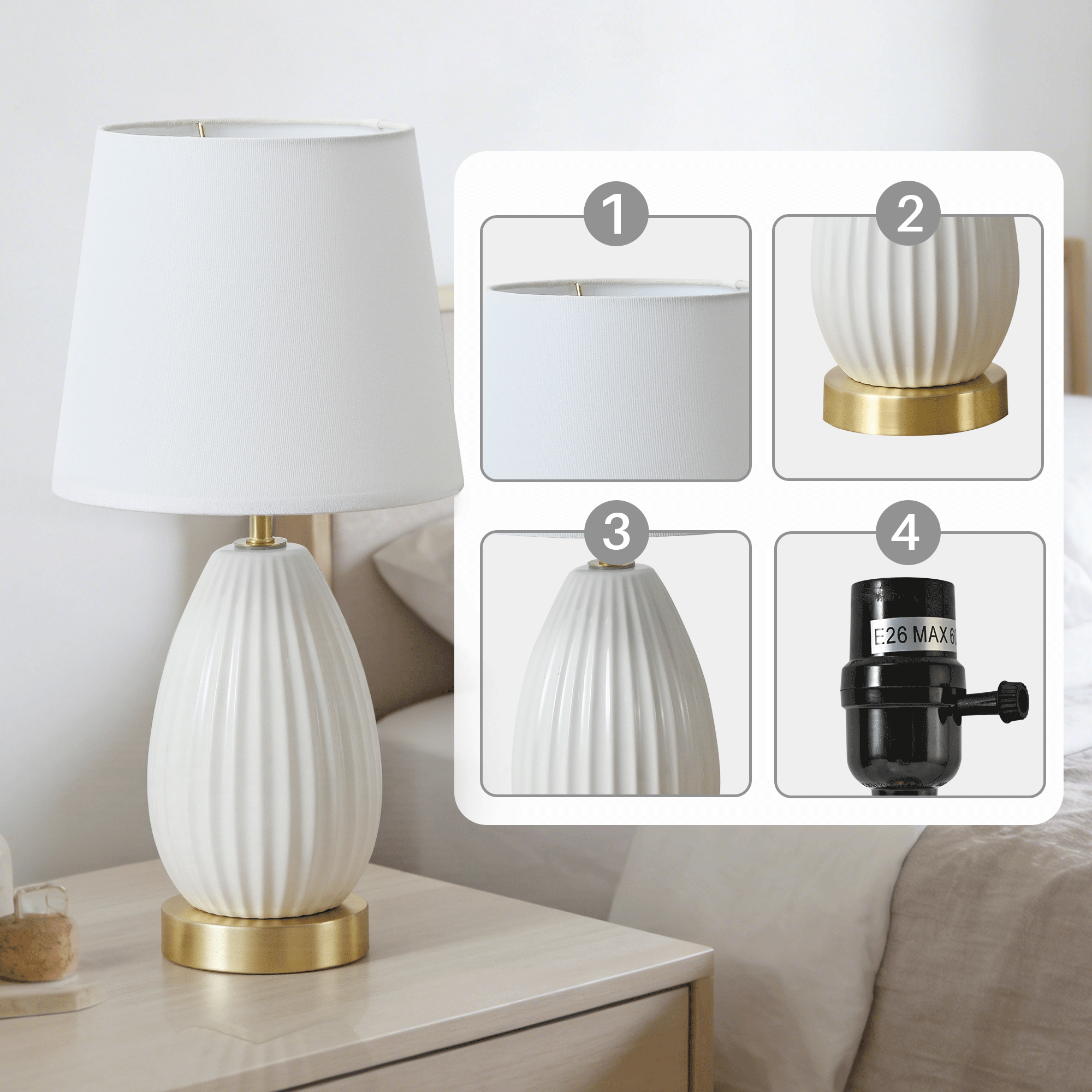 Anmytek 18 Inch 2 Pack Table Lamps Antique Brass White Finish E26 Rotary Switch 60W Max No Bulb